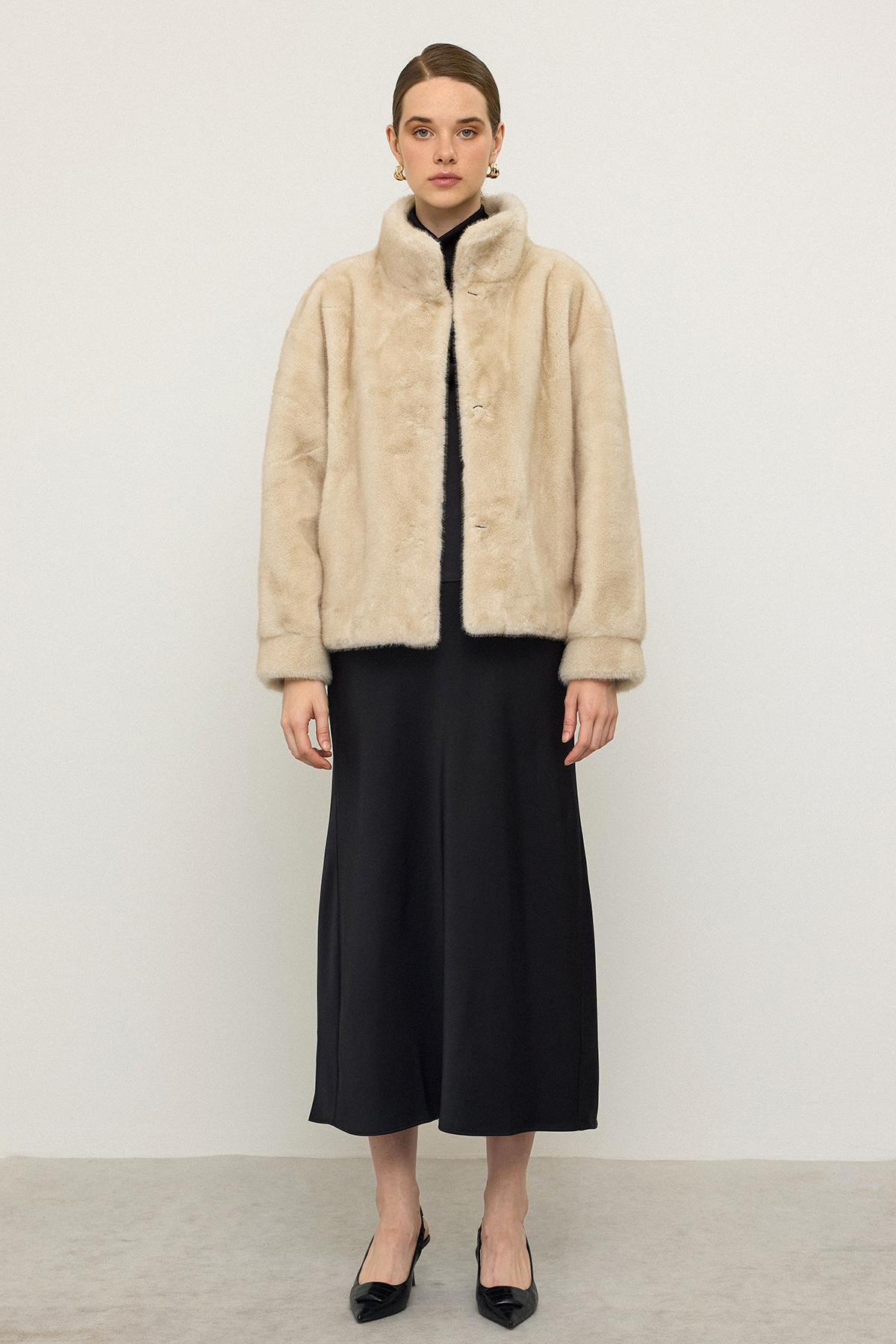 Hakim Yaka Exclusive Kürk Görünümlü Ceket BEJ 1005