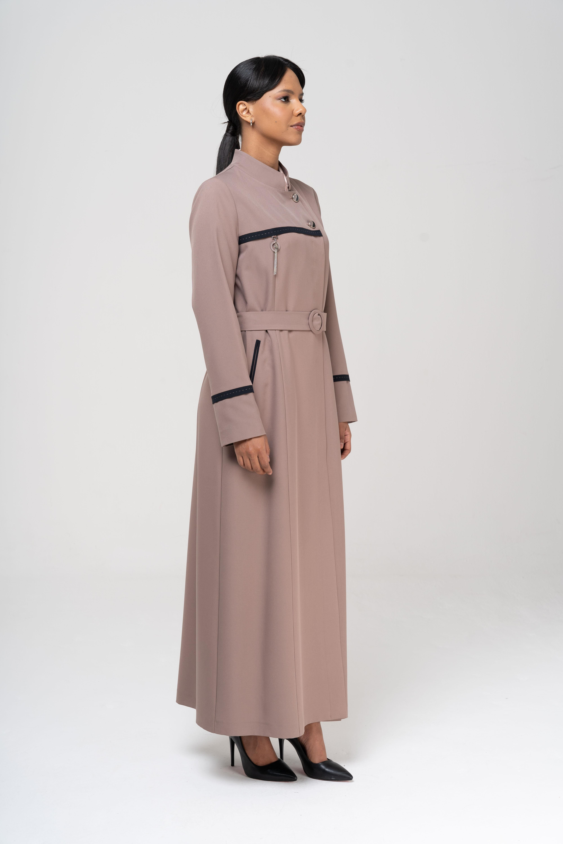 Hakim Yaka Garnili Punto ve Aksesuar Detaylı Astarlı Pardesü VİZON 6550