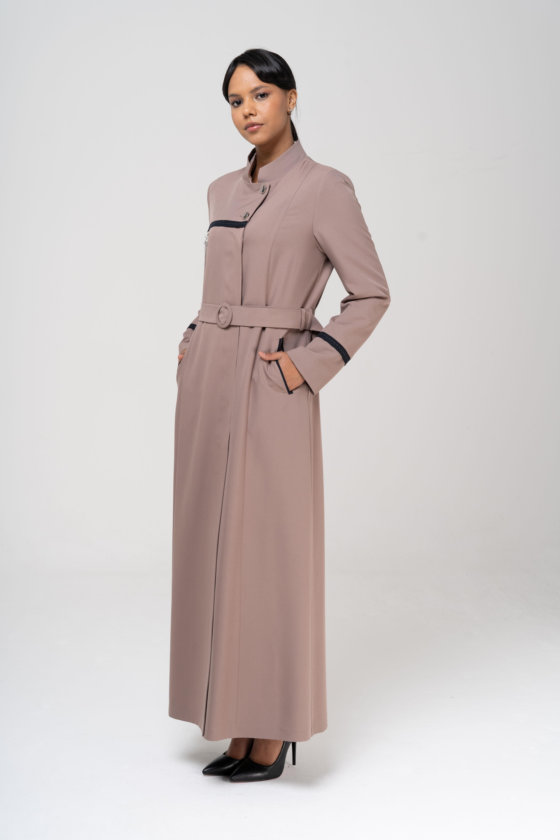 Hakim Yaka Garnili Punto ve Aksesuar Detaylı Astarlı Pardesü VİZON 6550