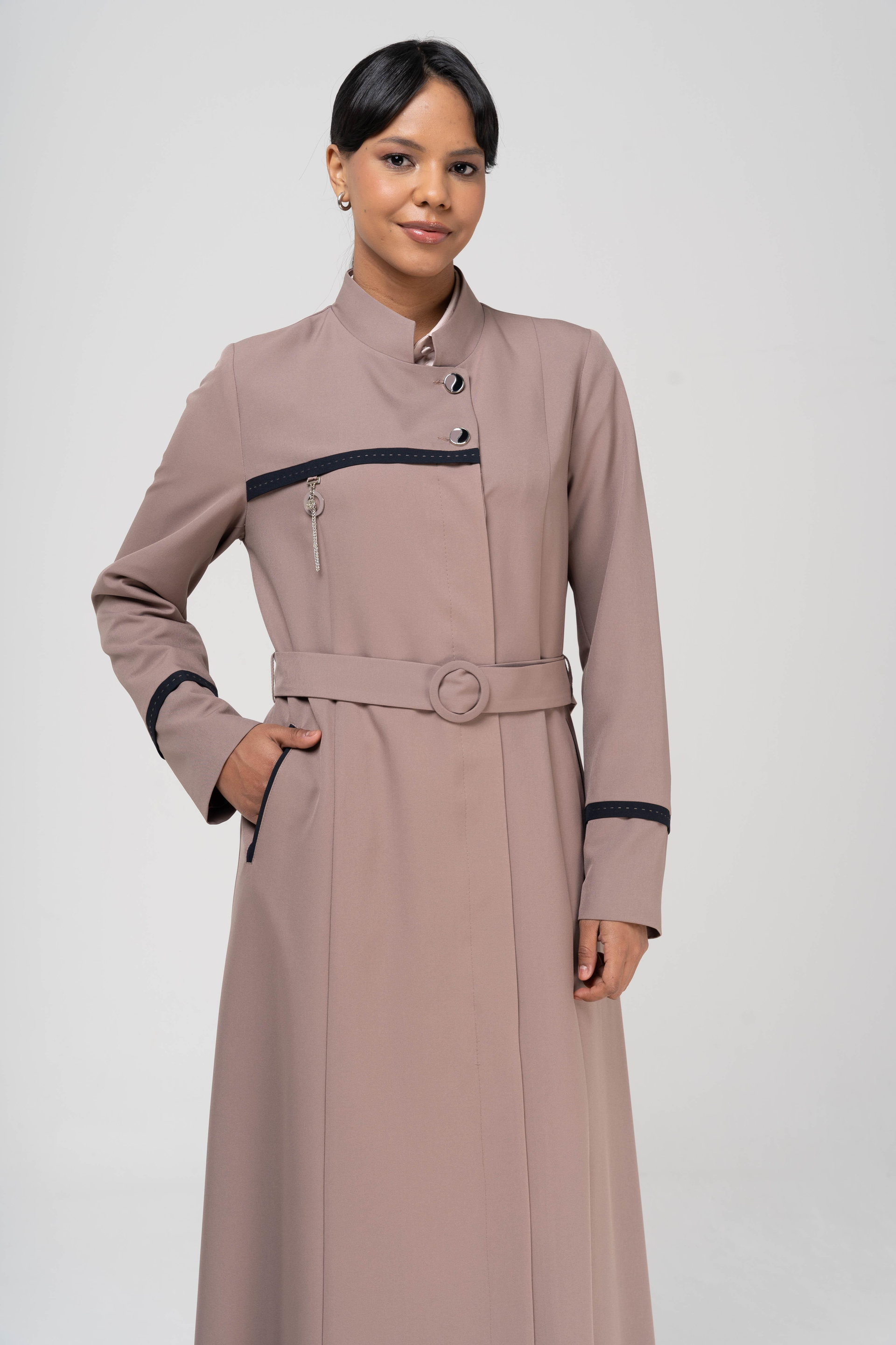 Hakim Yaka Garnili Punto ve Aksesuar Detaylı Astarlı Pardesü VİZON 6550