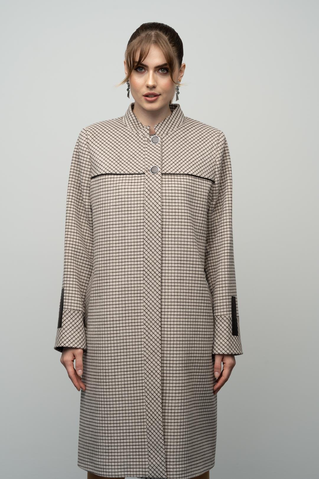 معطف كشمير بمقاس كبير ومنقوش بنمط مربع وياقة قاضية حجر 3026