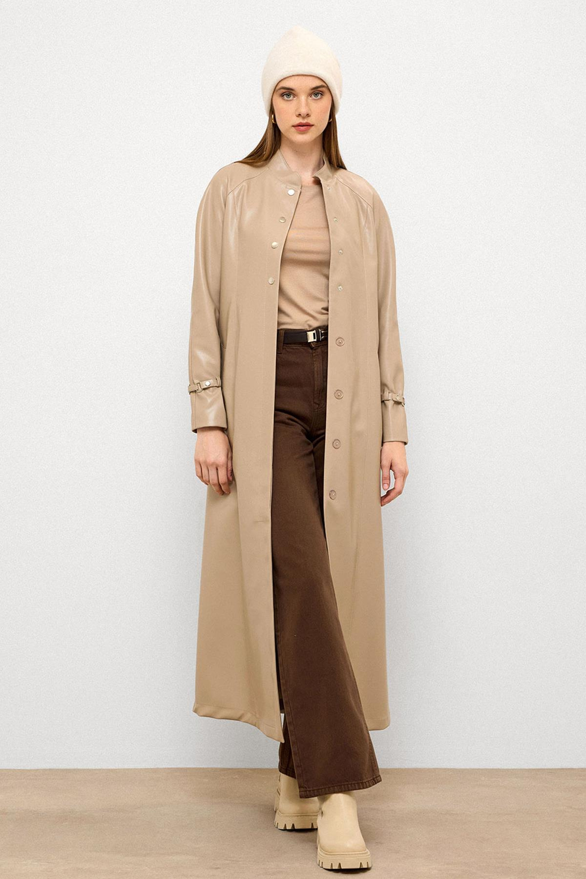 Long Leather Trench Coat with Judge Collar and Belt Detail STONE 6775