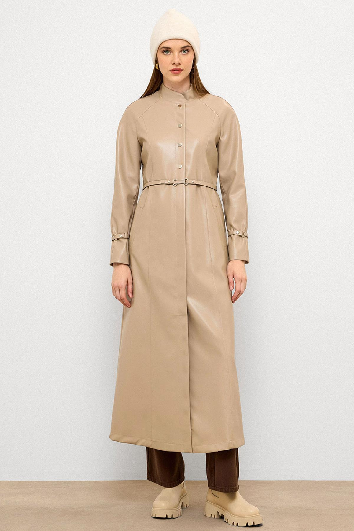 Long Leather Trench Coat with Judge Collar and Belt Detail STONE 6775