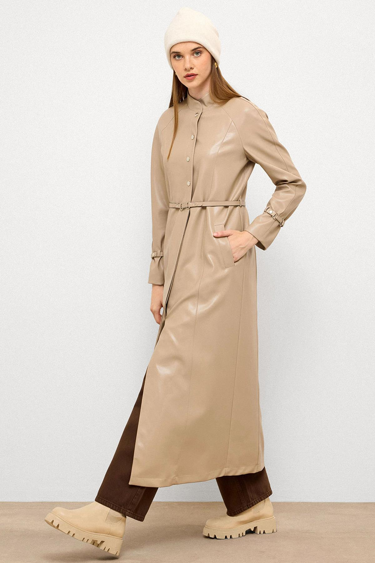 Long Leather Trench Coat with Judge Collar and Belt Detail STONE 6775
