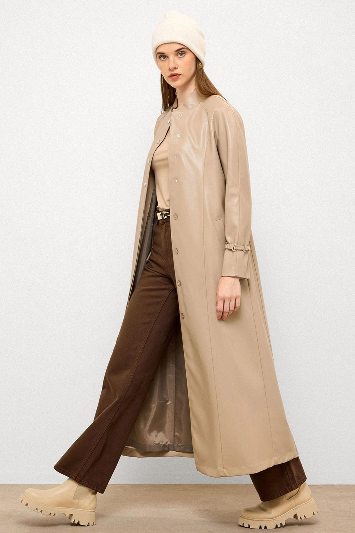 Long Leather Trench Coat with Judge Collar and Belt Detail STONE 6775