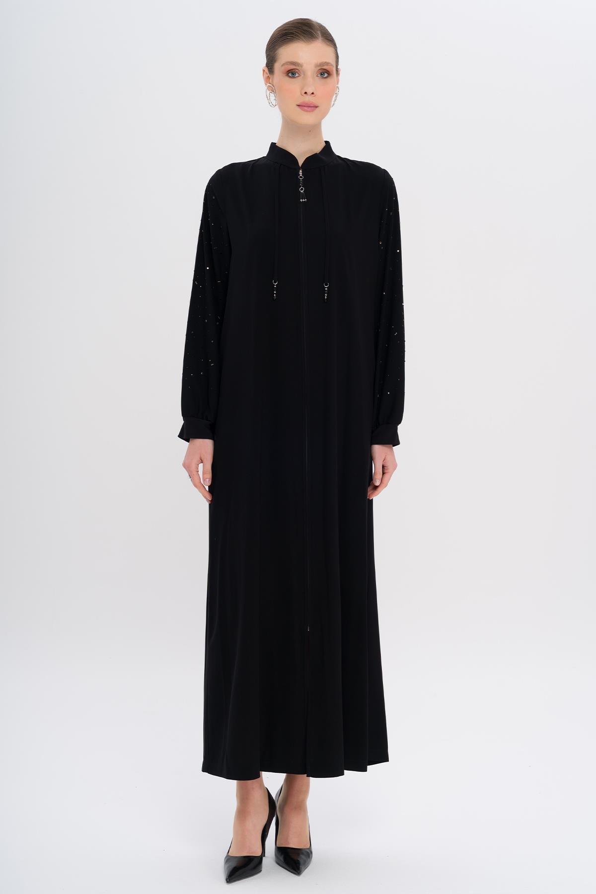 Hakim Yaka Kolları Taş Bezeli Ferace SİYAH 6741