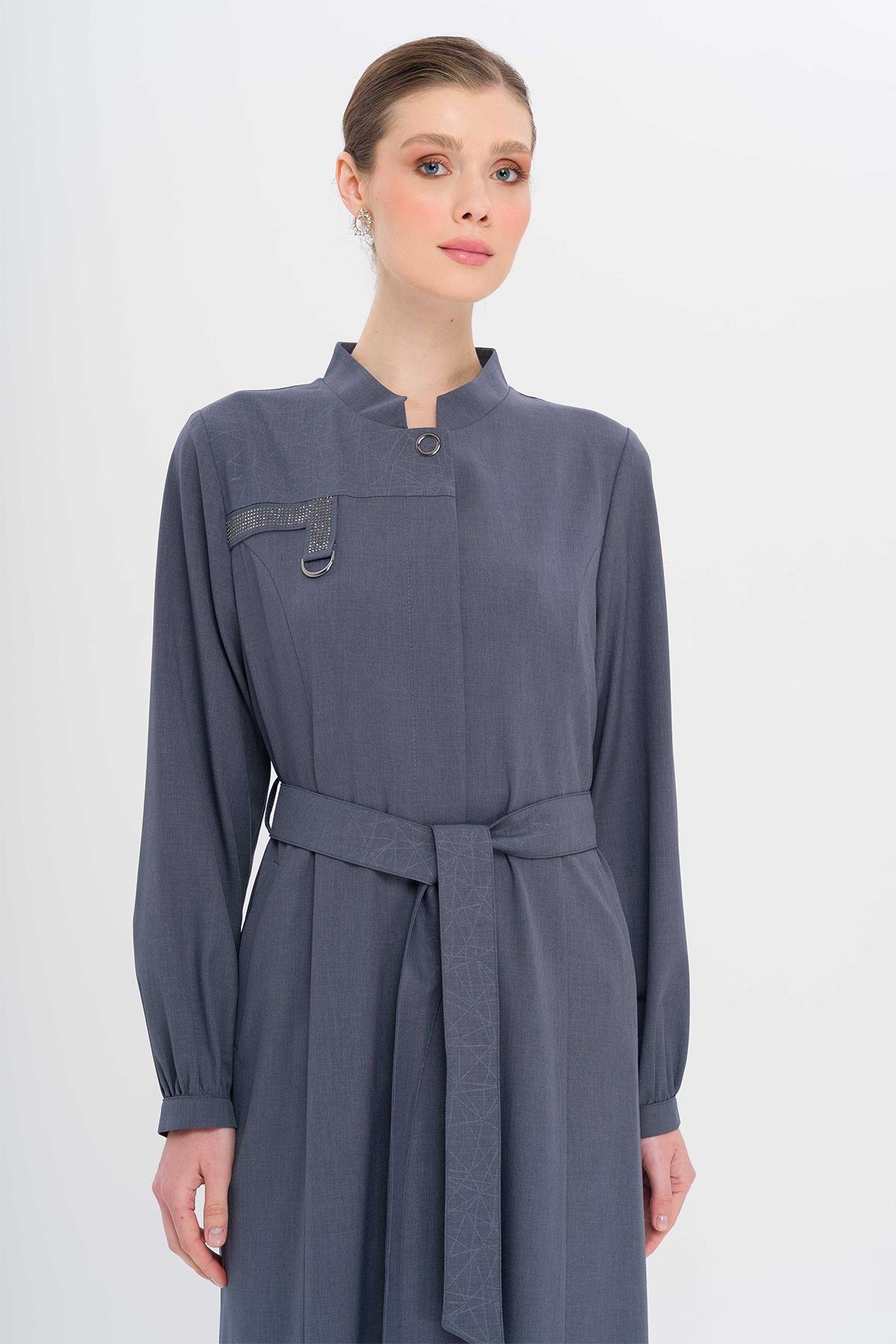 Hakim Yaka Taş ve Desen Detaylı Astarsız Pardesü İNDİGO 6716