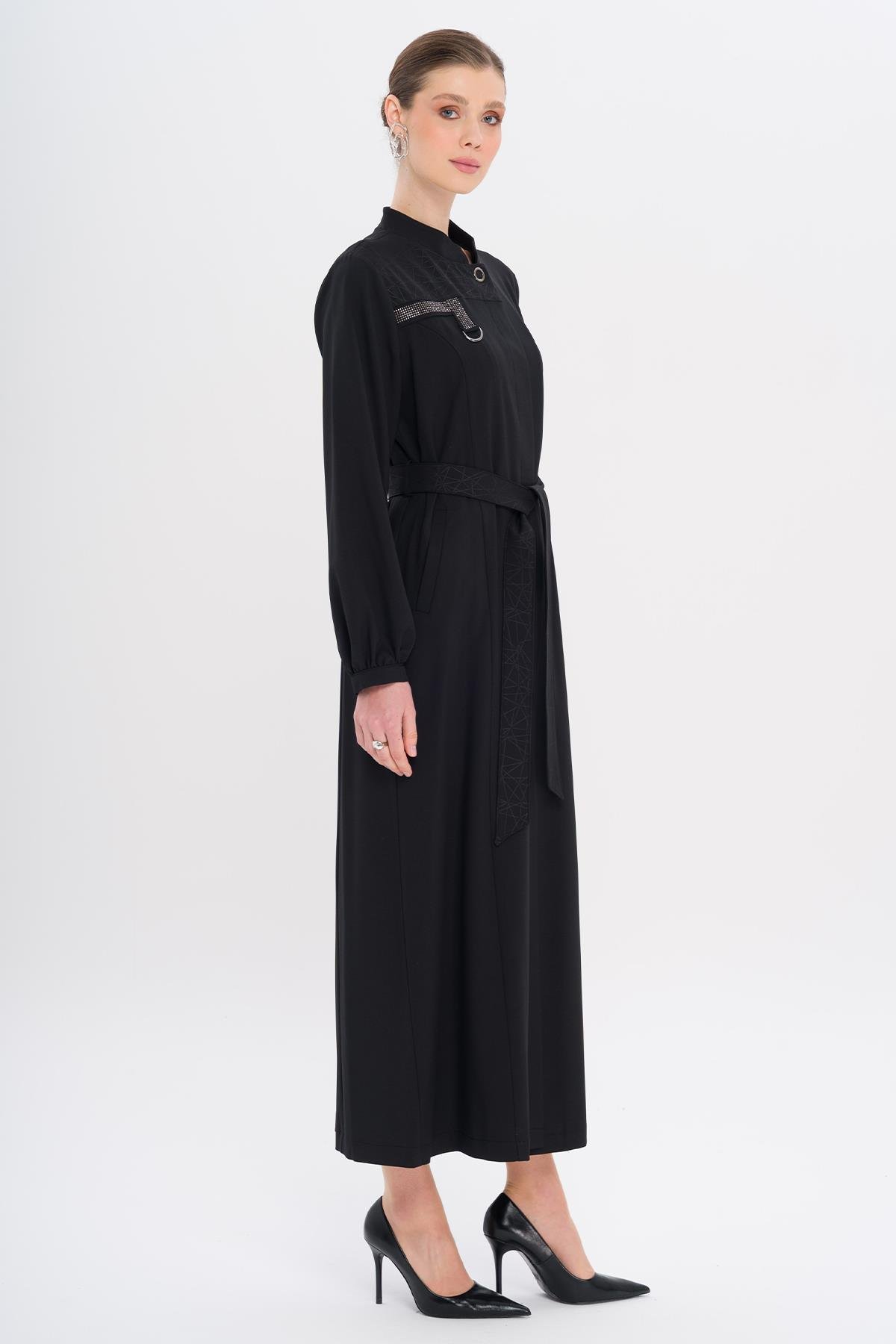 Hakim Yaka Taş ve Desen Detaylı Astarsız Pardesü SİYAH 6716