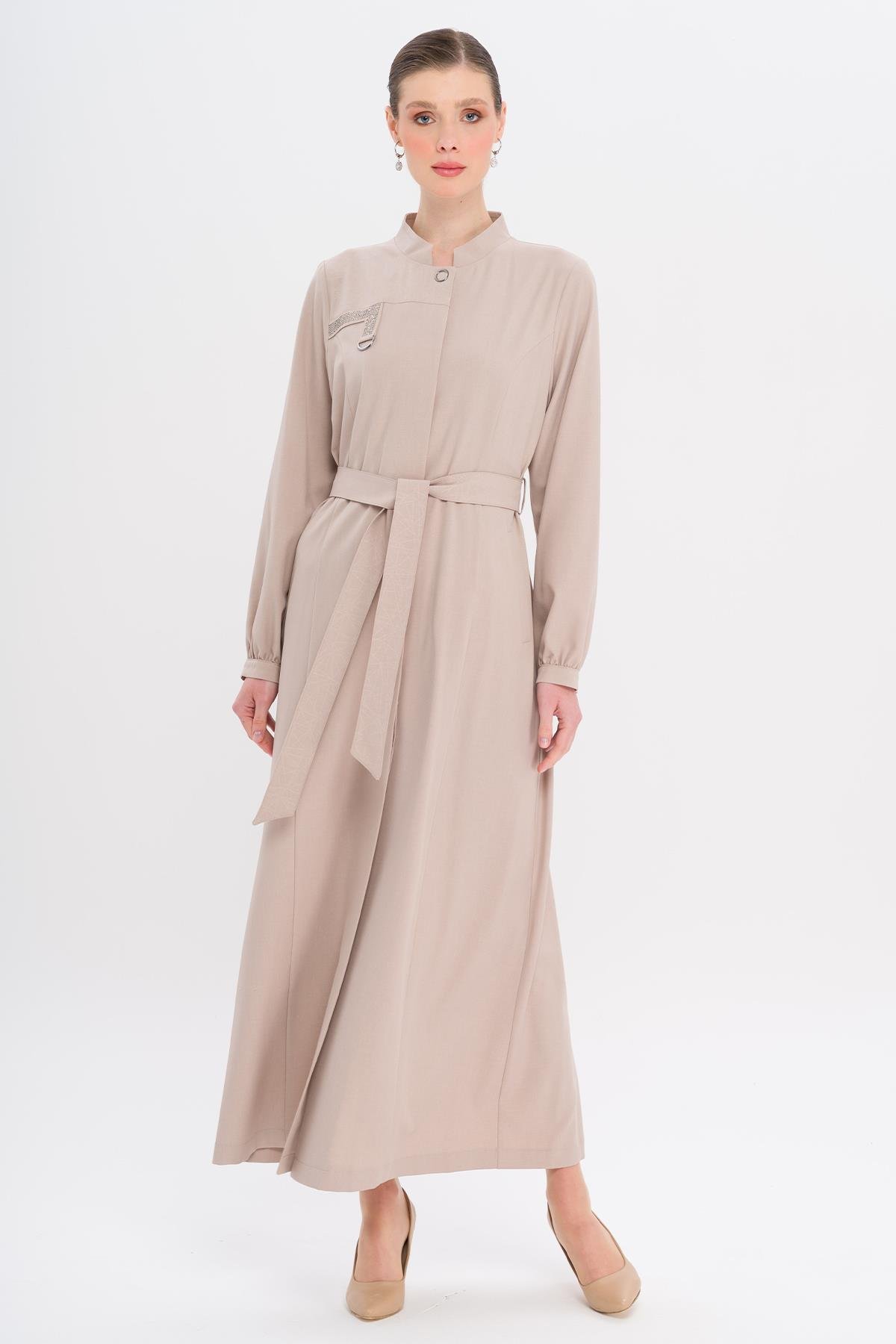 Hakim Yaka Taş ve Desen Detaylı Astarsız Pardesü TAŞ 6716