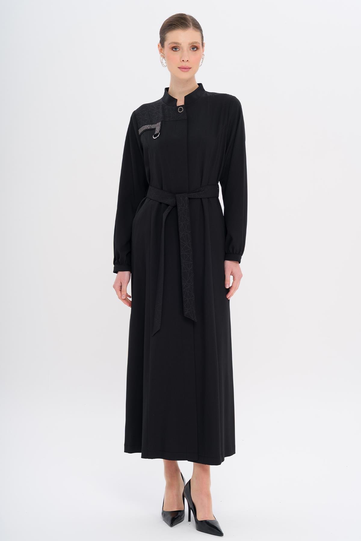 Hakim Yaka Taş ve Desen Detaylı Astarsız Pardesü SİYAH 6716