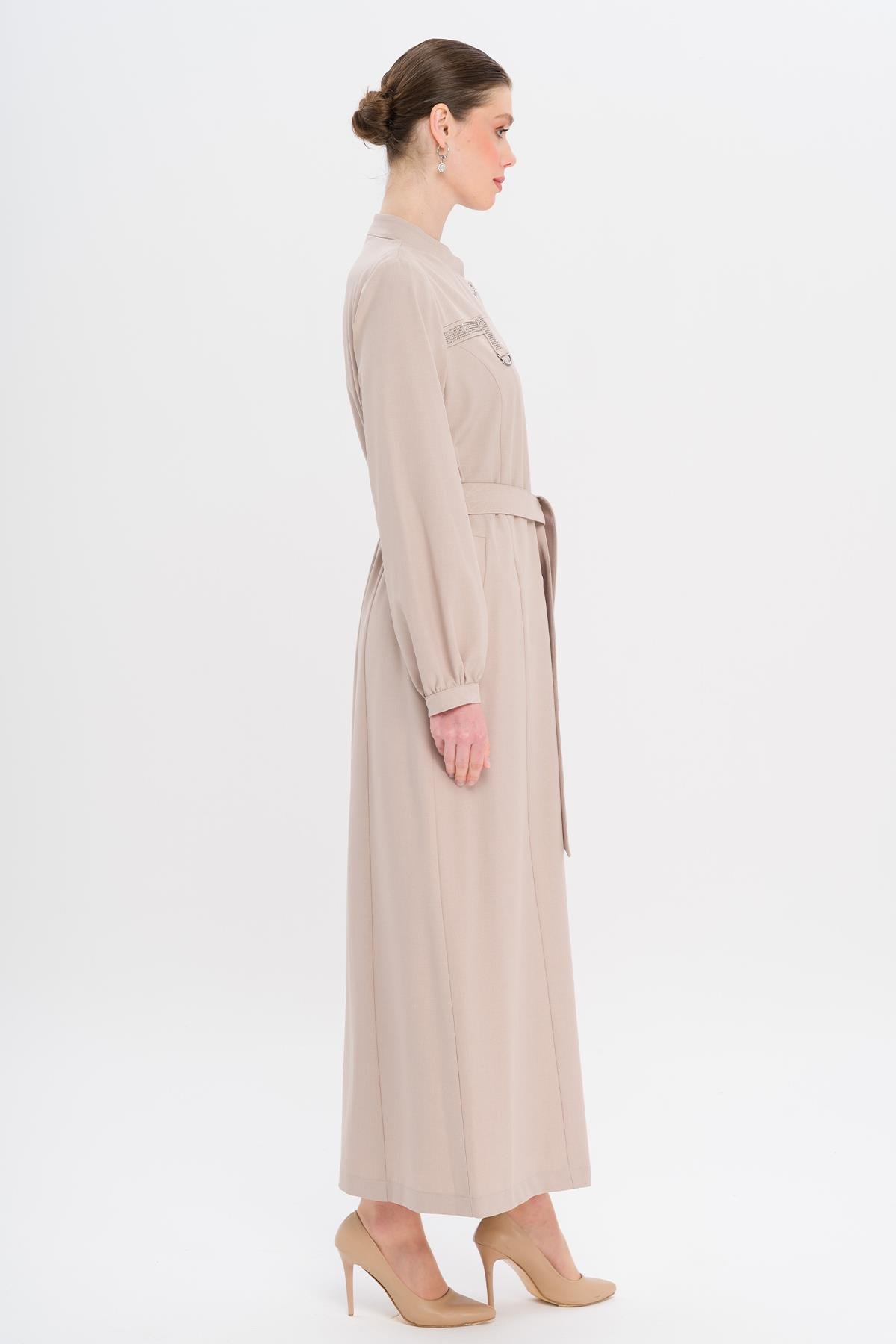 Hakim Yaka Taş ve Desen Detaylı Astarsız Pardesü TAŞ 6716