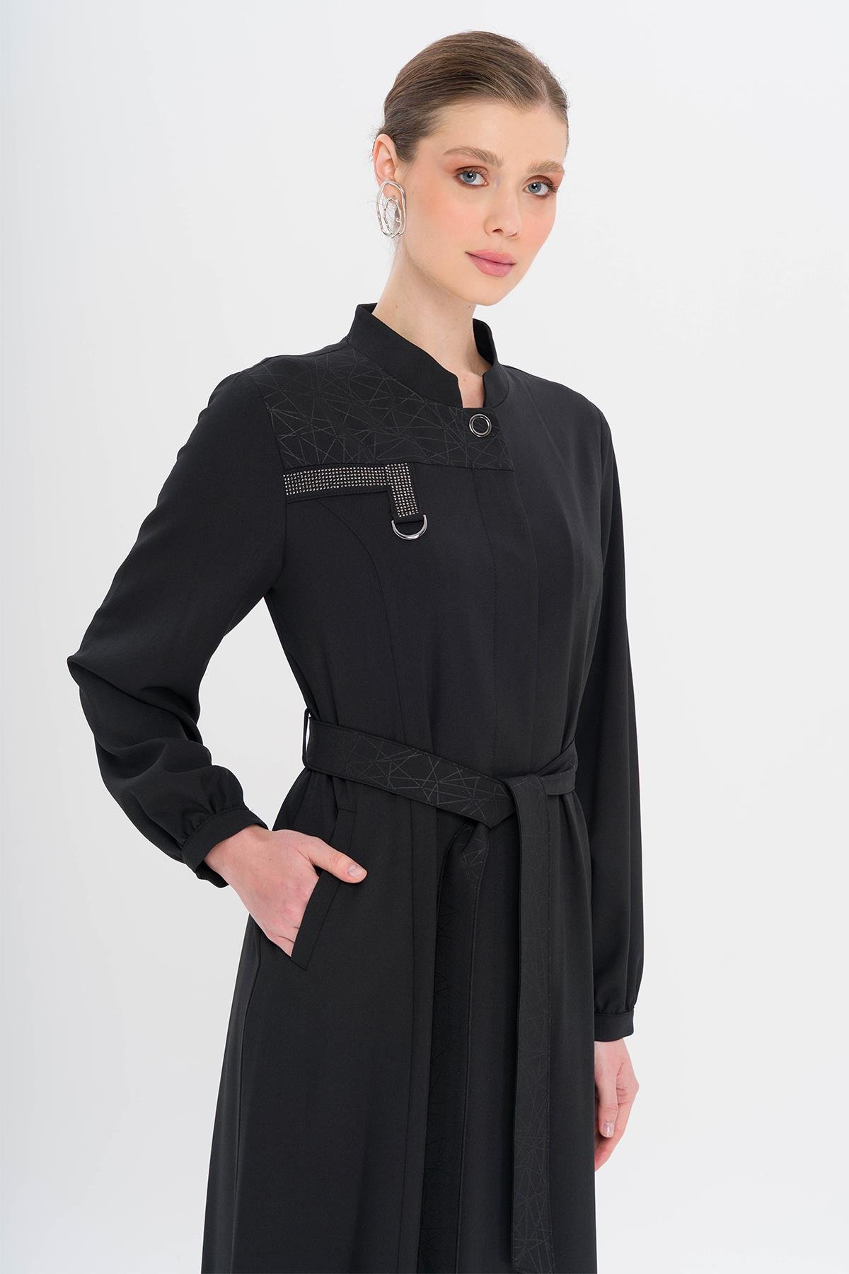 Hakim Yaka Taş ve Desen Detaylı Astarsız Pardesü SİYAH 6716