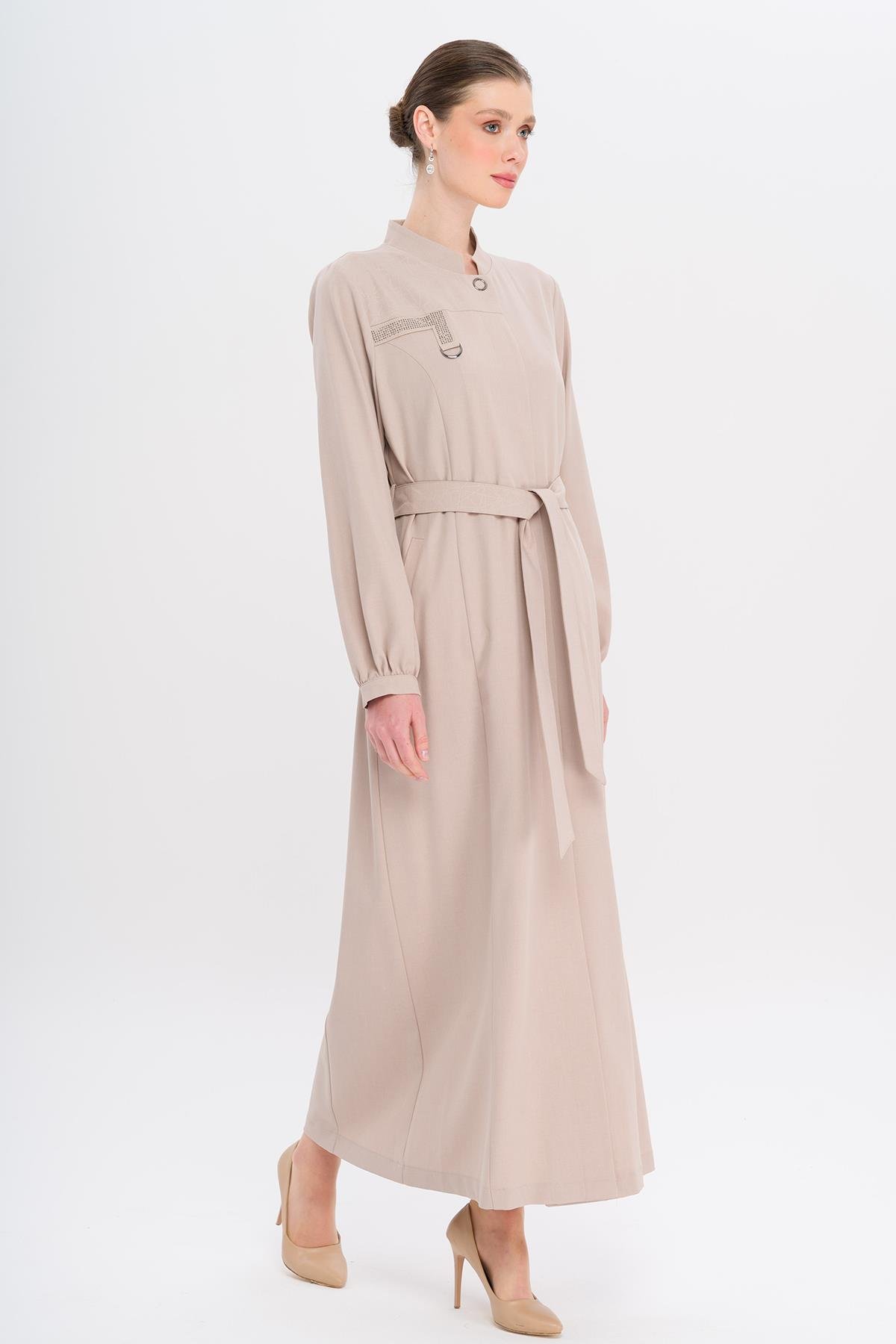 Hakim Yaka Taş ve Desen Detaylı Astarsız Pardesü TAŞ 6716