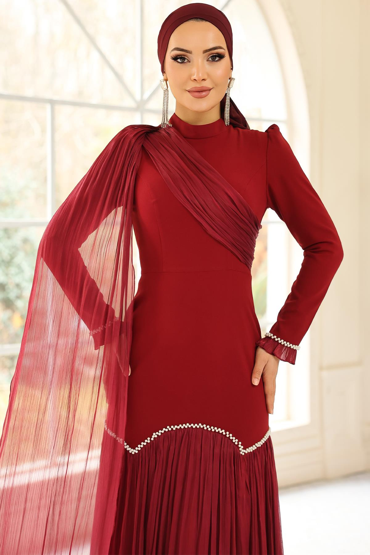 İnci Pilise Detaylı Krep Yoryo İpek Kombinli Tesettür Abiye Elbise BORDO 1684