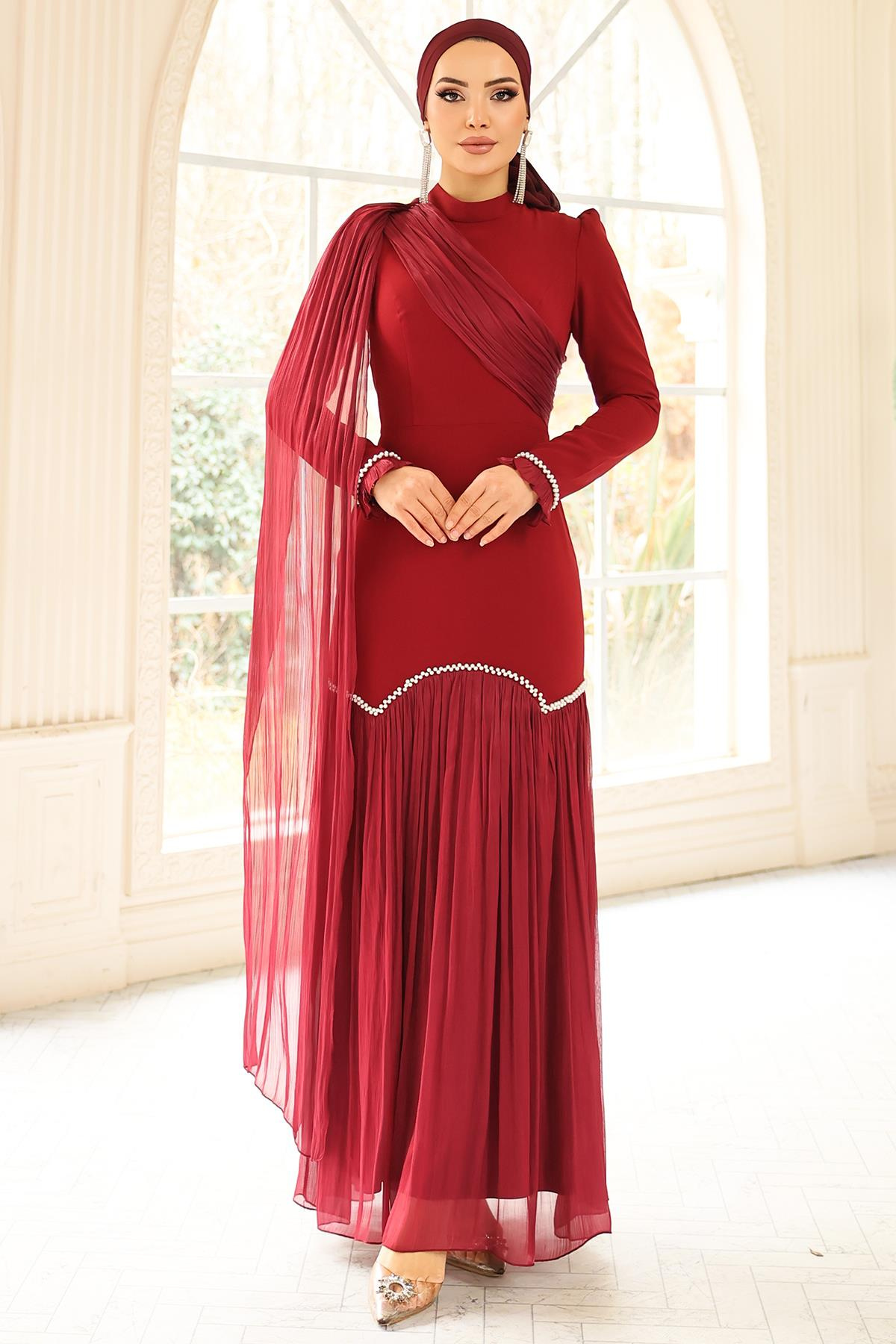 İnci Pilise Detaylı Krep Yoryo İpek Kombinli Tesettür Abiye Elbise BORDO 1684