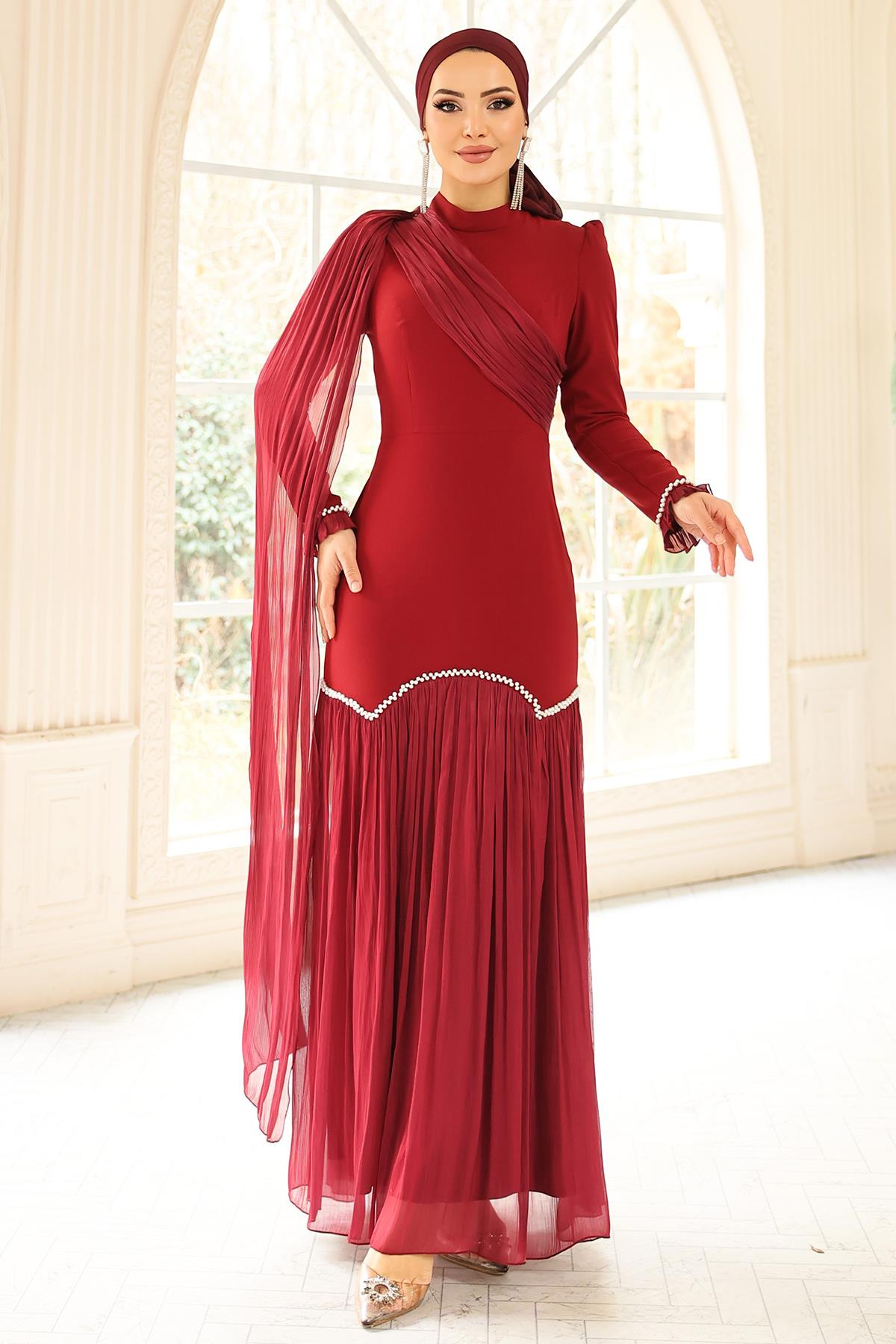 İnci Pilise Detaylı Krep Yoryo İpek Kombinli Tesettür Abiye Elbise BORDO 1684