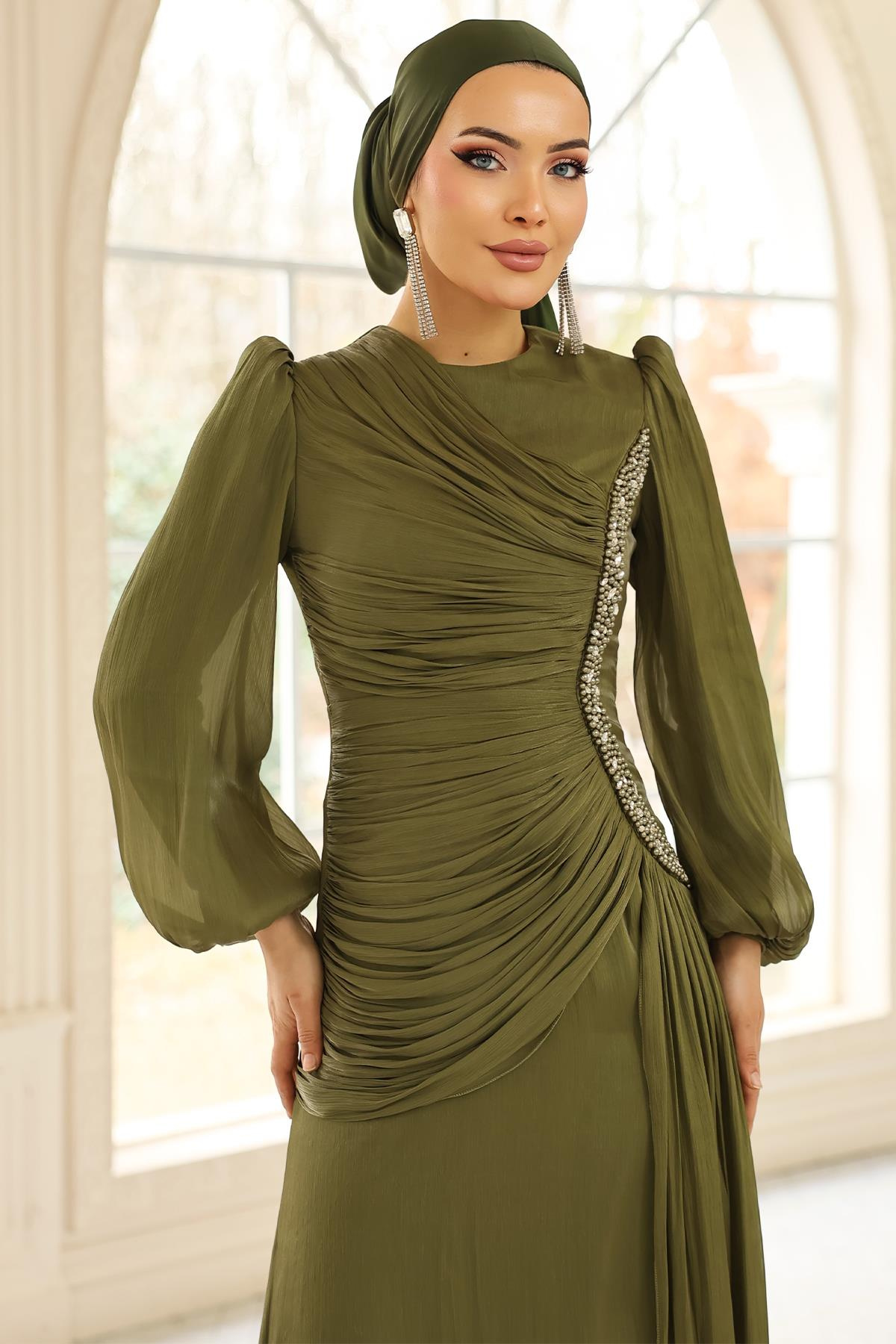 İnci ve Pilise Detaylı Yoryo İpek Tesettür Abiye Elbise YEŞİL 1249