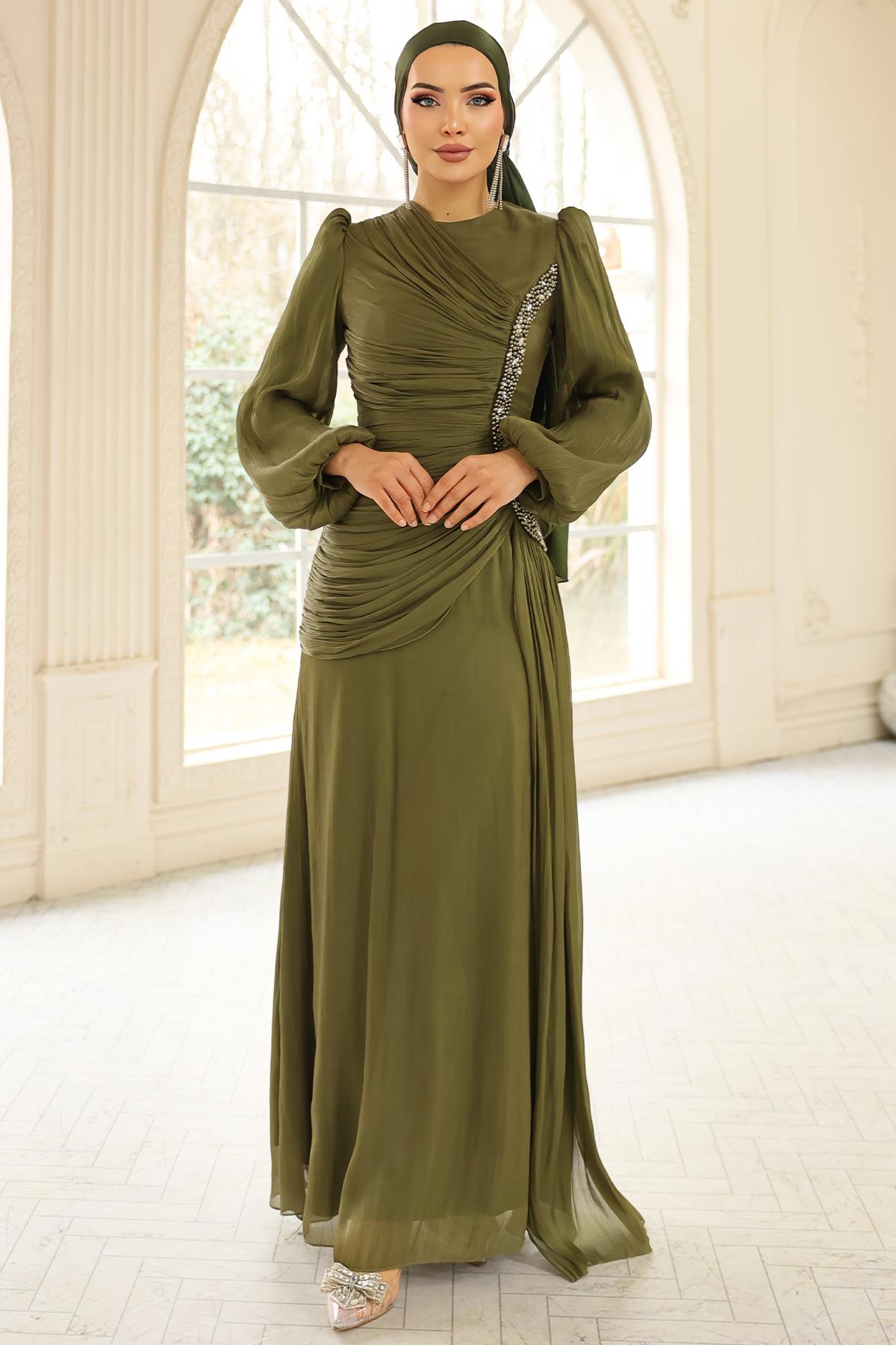 İnci ve Pilise Detaylı Yoryo İpek Tesettür Abiye Elbise YEŞİL 1249