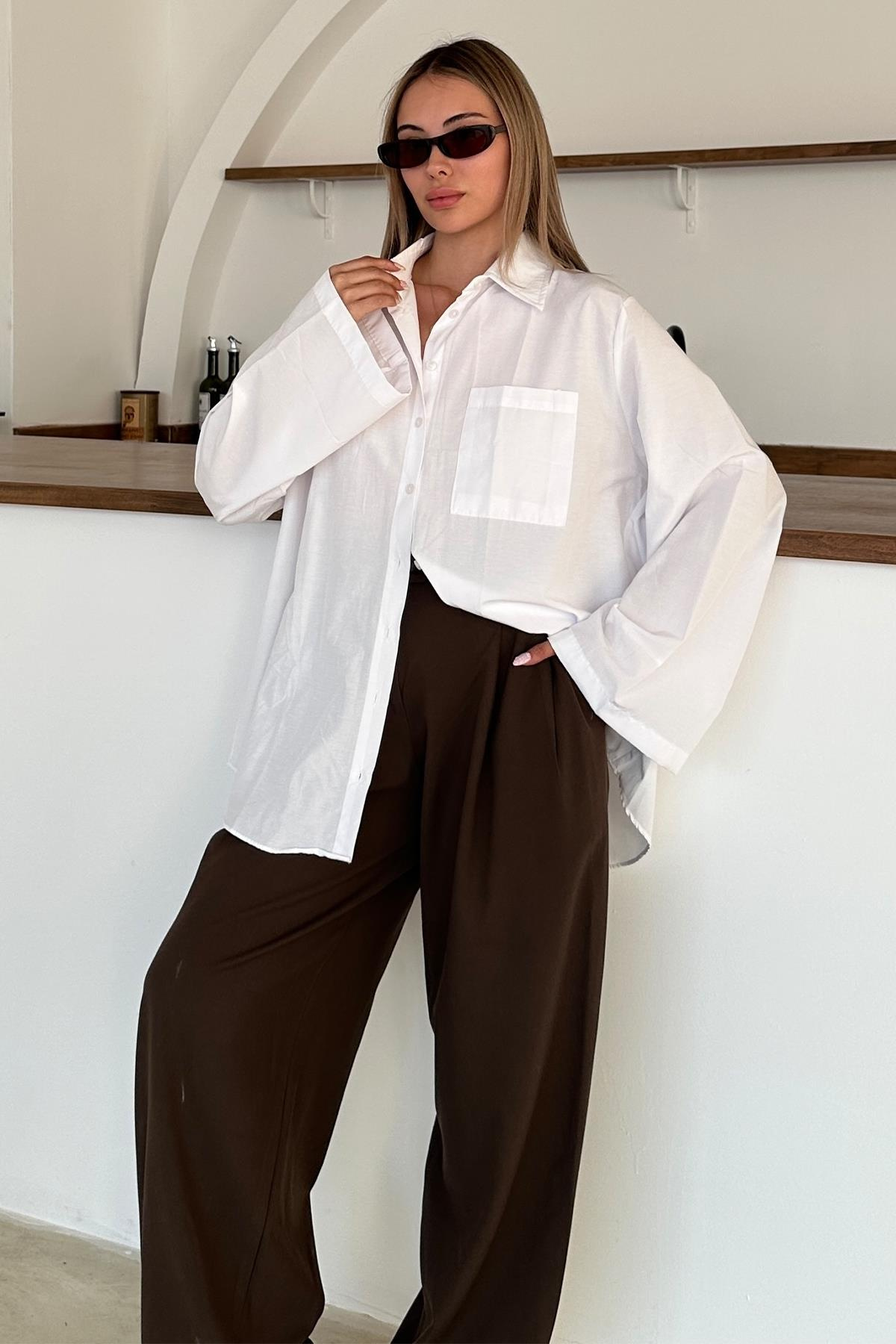 İspanyol Kol Salaş Pamuklu Gömlek BEYAZ 9365