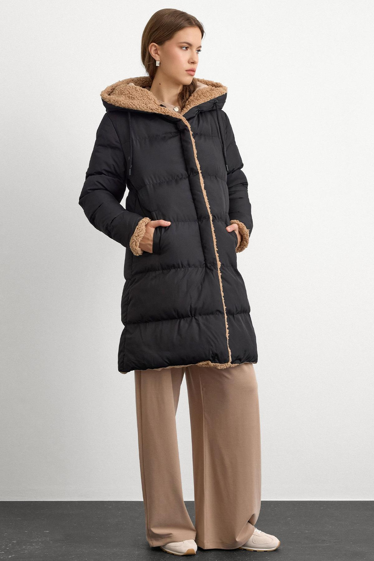 Kapüşonlu Çift Taraflı Müflon Detaylı Şişme Mont SİYAH-TAŞ 6491