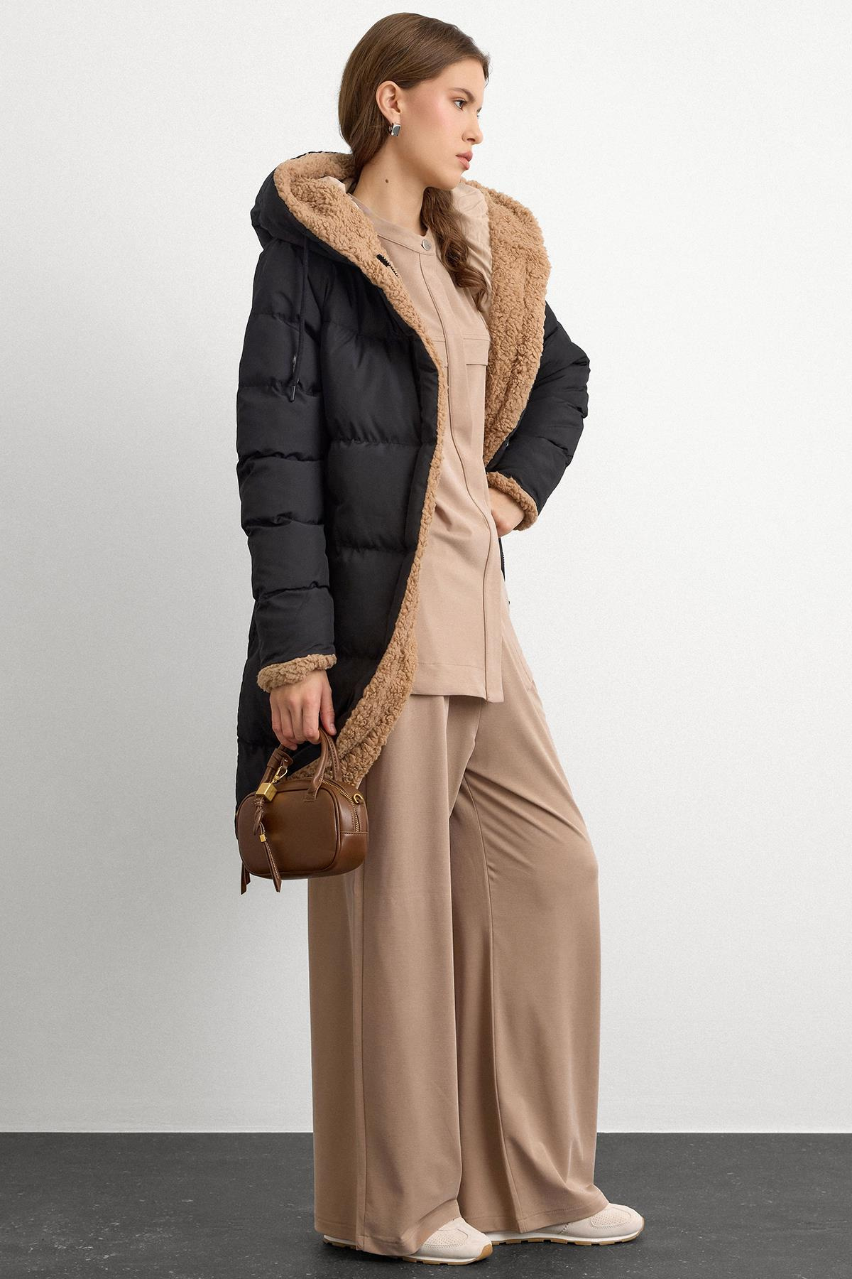 Kapüşonlu Çift Taraflı Müflon Detaylı Şişme Mont SİYAH-TAŞ 6491