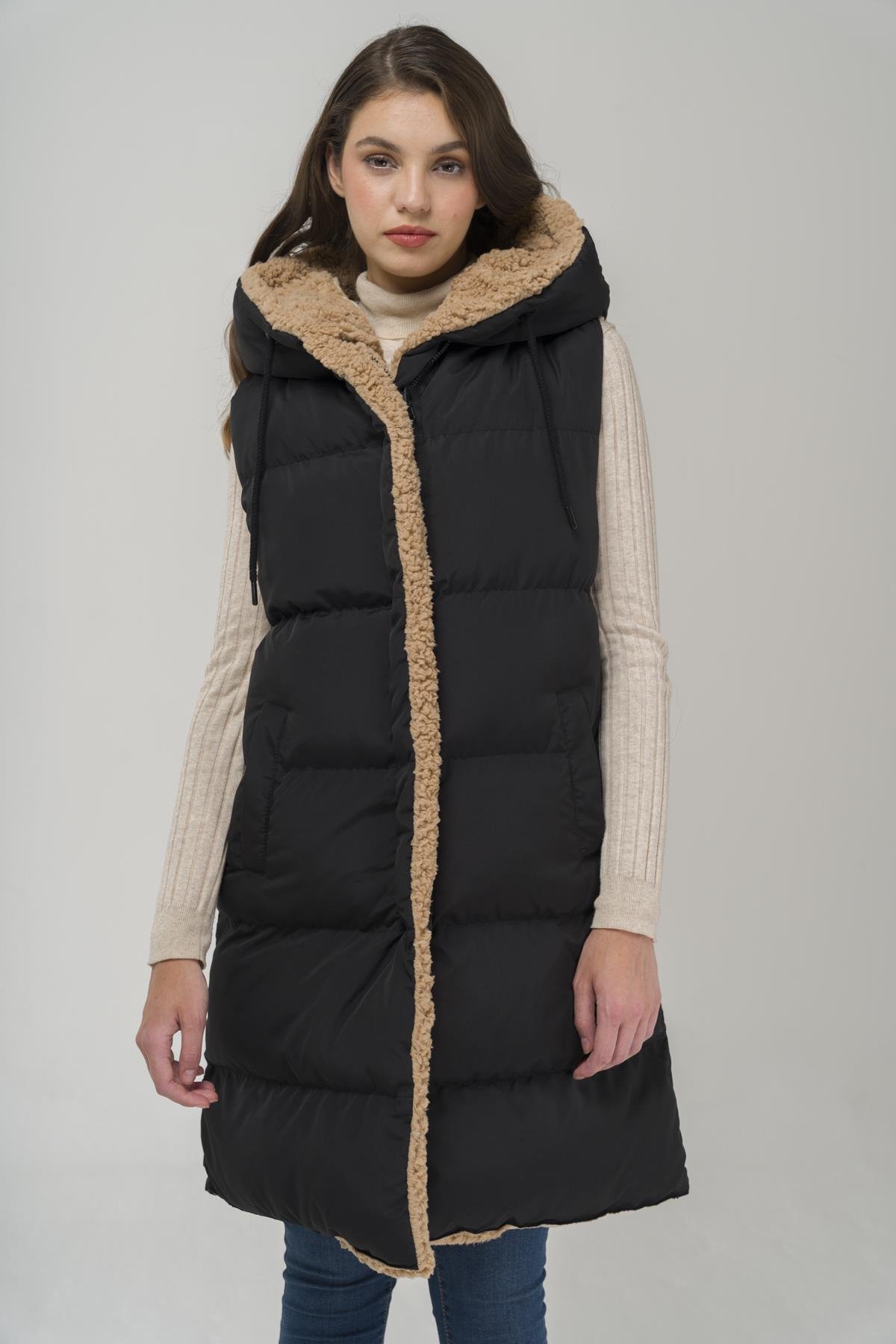 Kapüşonlu Çift Taraflı Müflon Detaylı Şişme Yelek SİYAH-TAŞ 8227