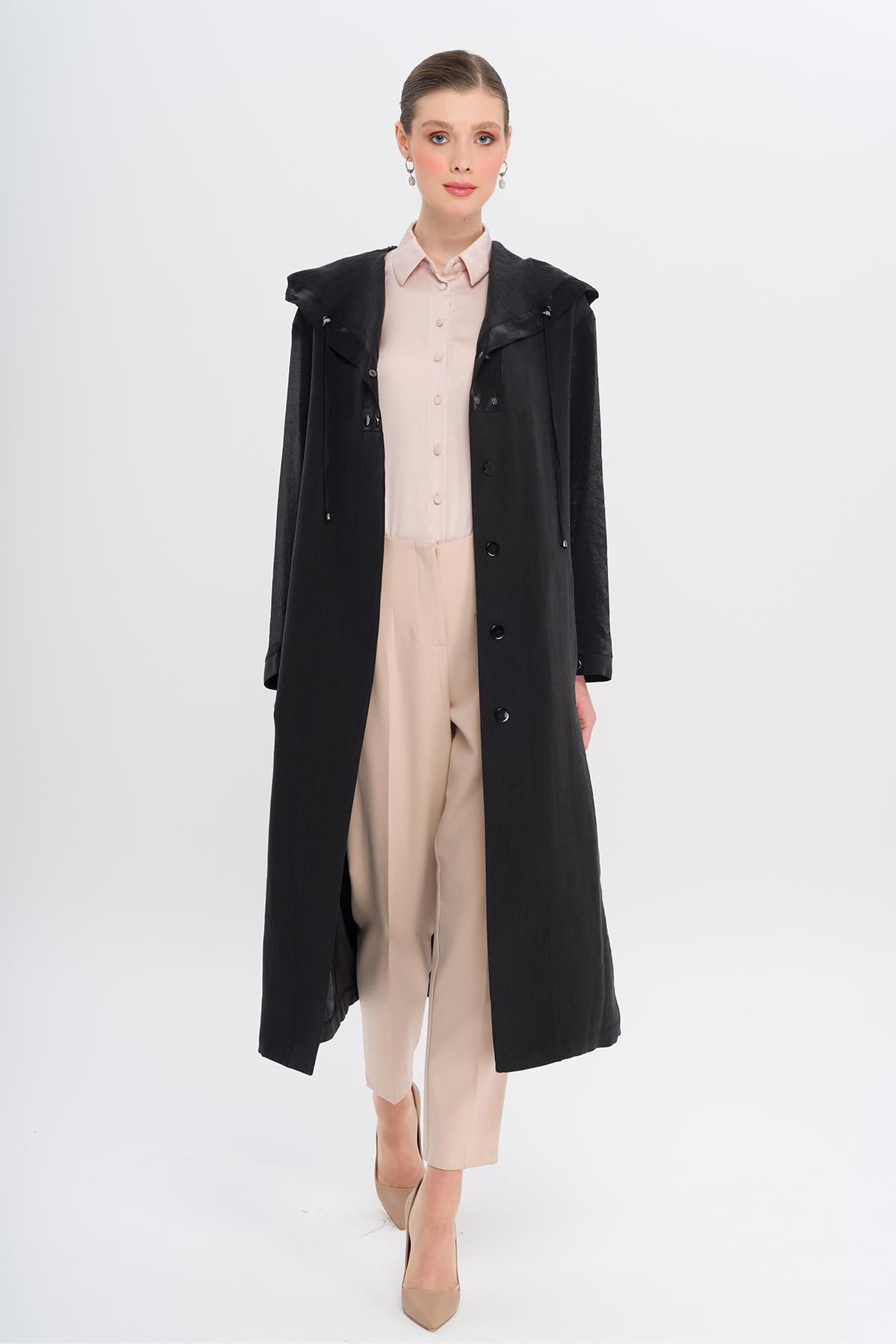 Hooded Snap Detail Unlined Coat BLACK 6749