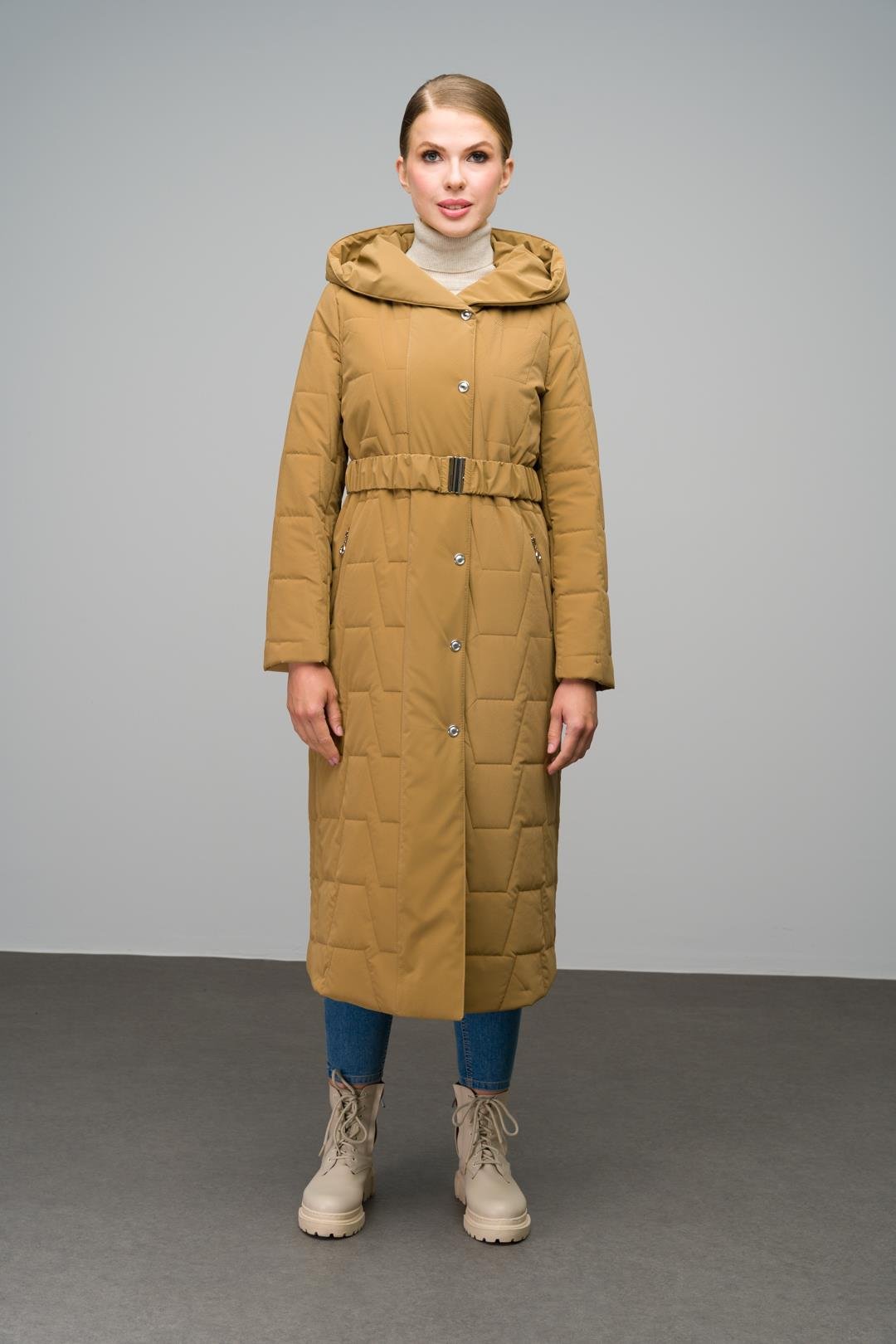 Hooded Snap Closure Quilted Long Coat CAMEL 6661