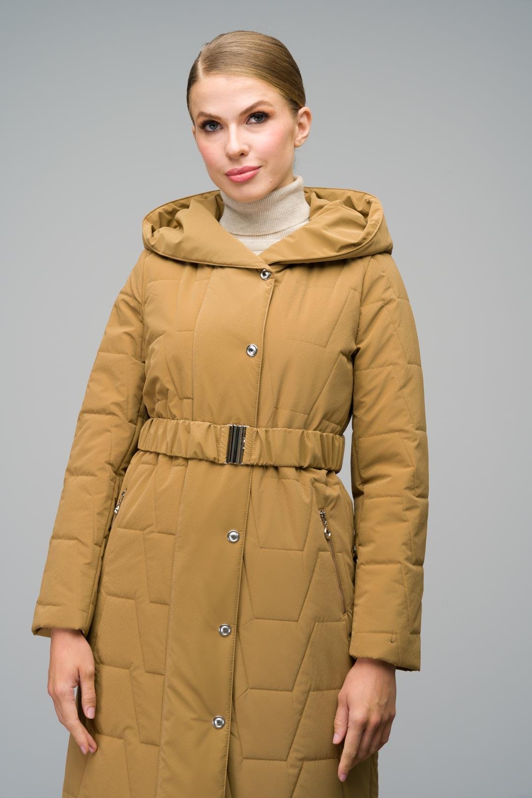 Hooded Snap Closure Quilted Long Coat CAMEL 6661
