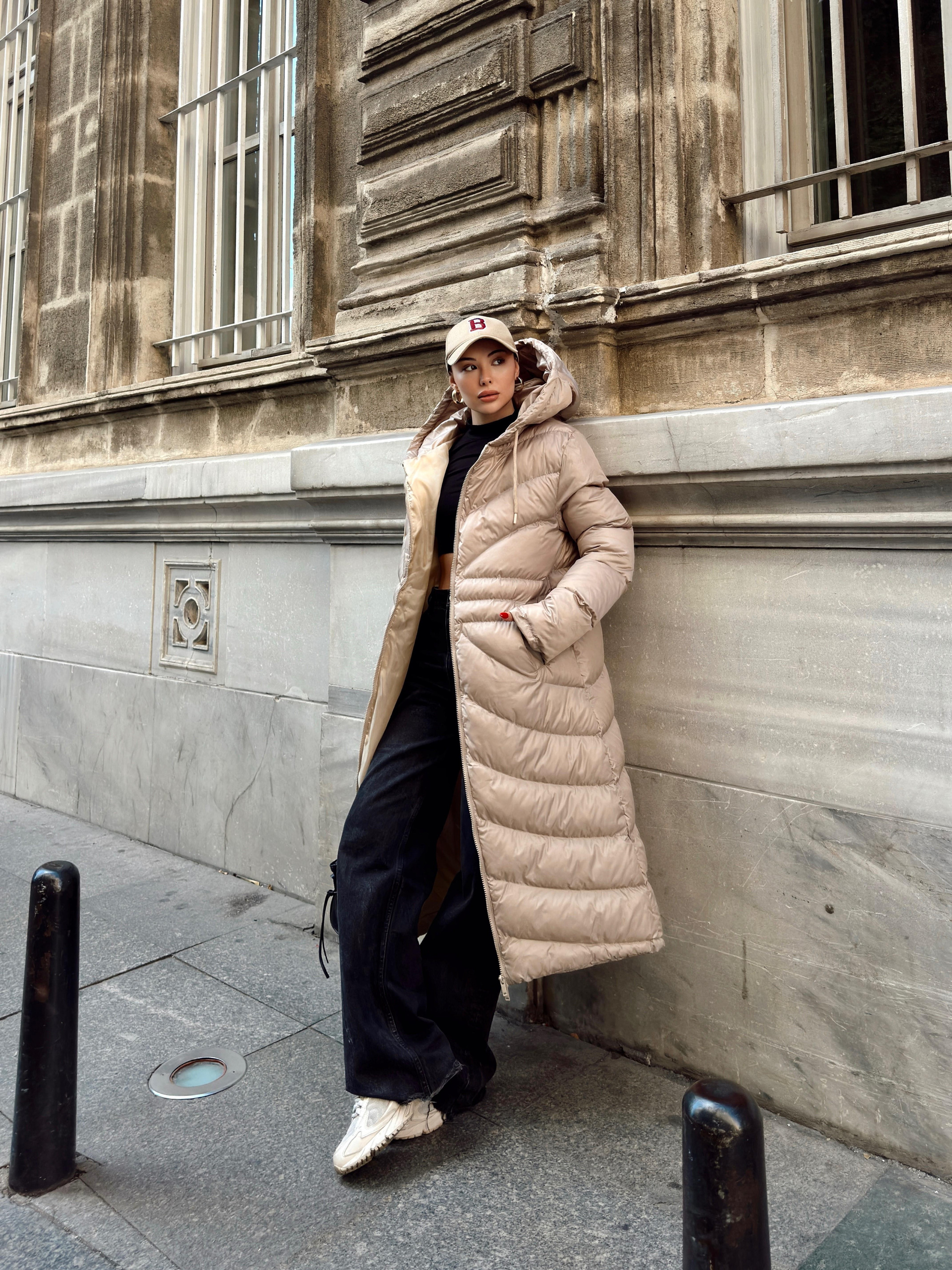 Hooded Pattern Detailed Long Puffer Coat STONE 6669