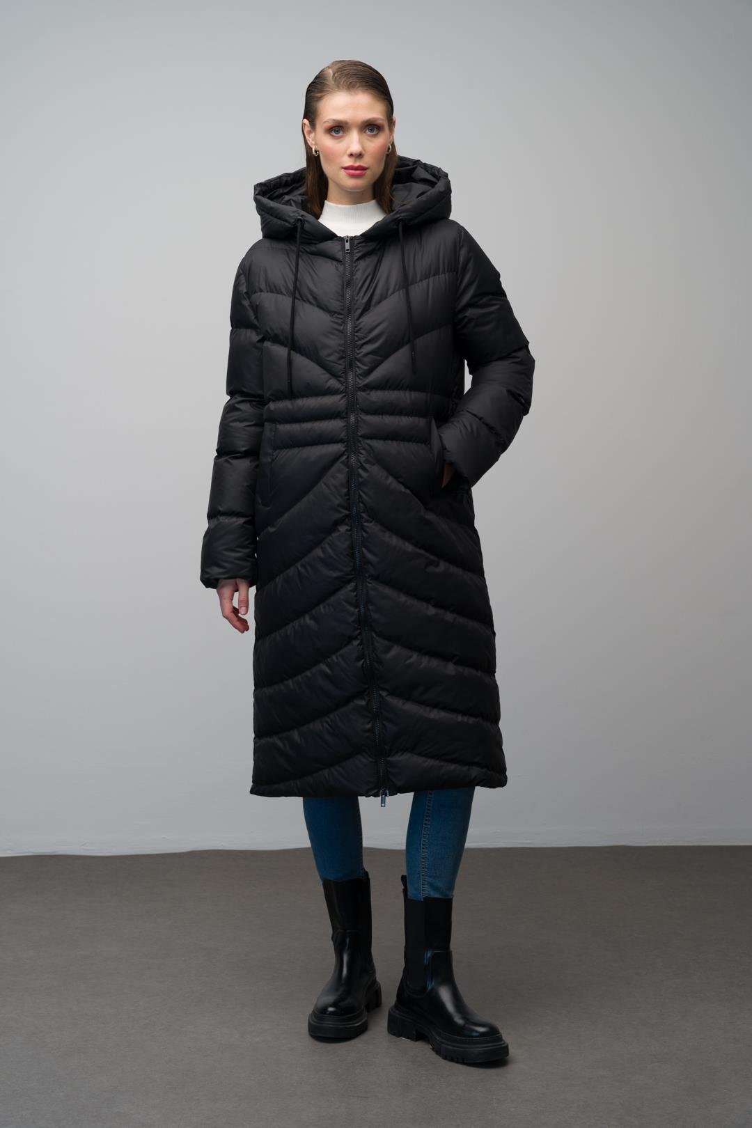 Hooded Pattern Detailed Long Puffer Coat BLACK 6669