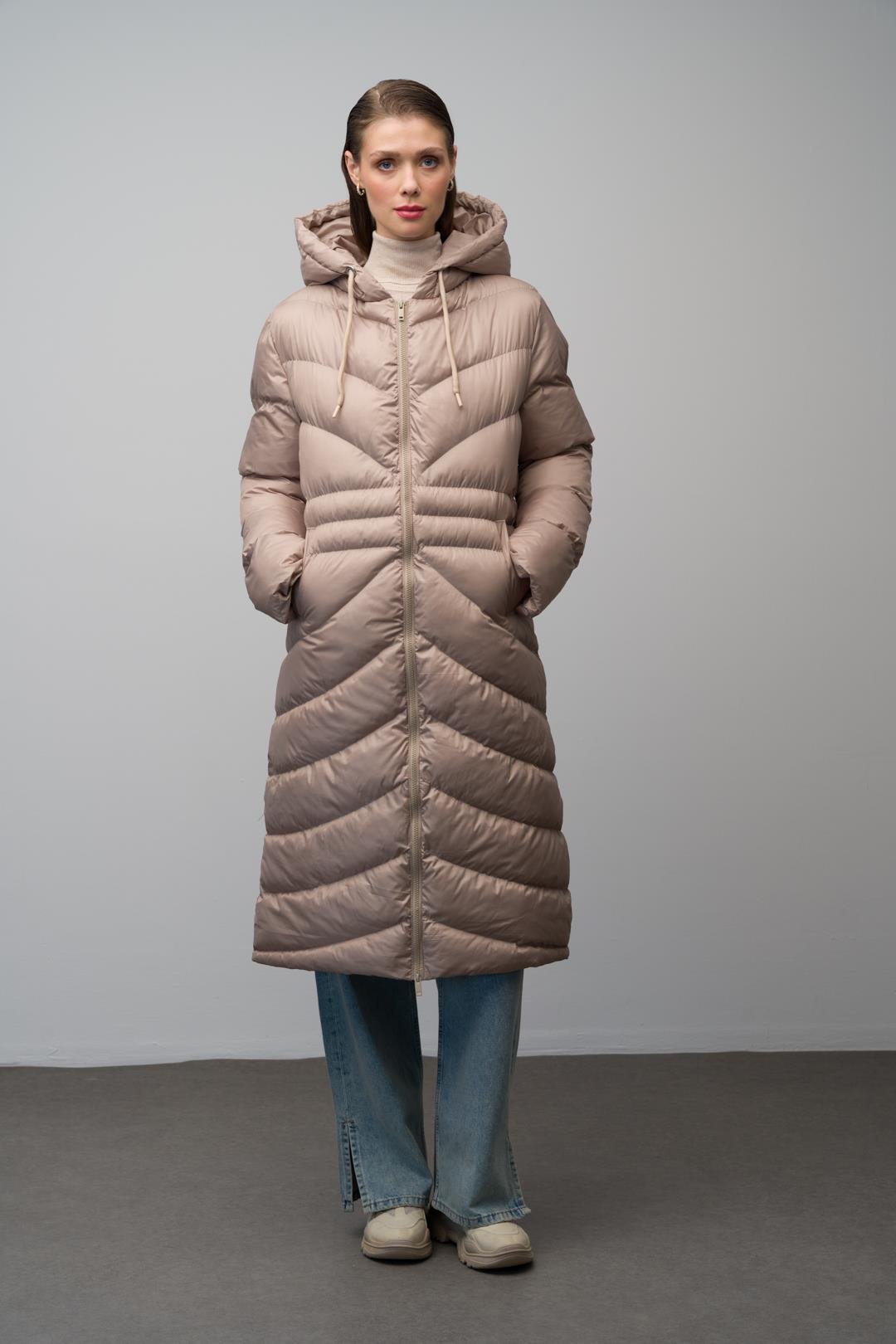 Hooded Pattern Detailed Long Puffer Coat STONE 6669