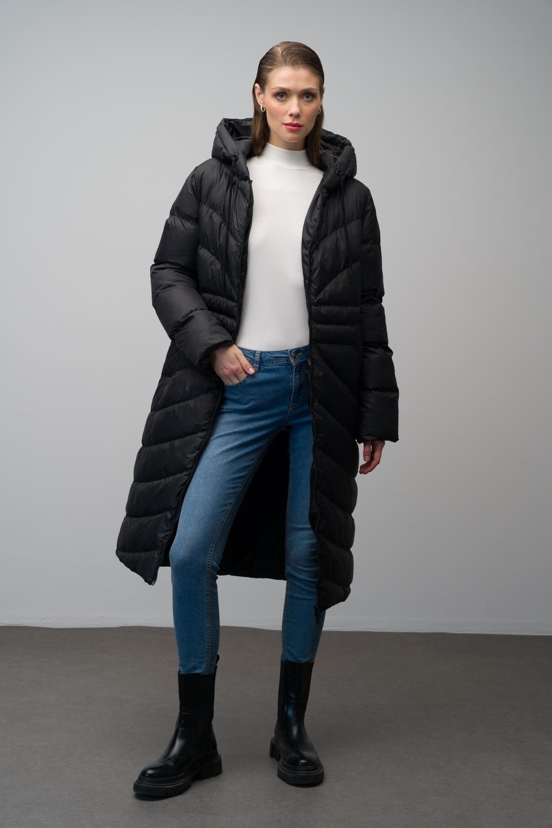 Hooded Pattern Detailed Long Puffer Coat BLACK 6669