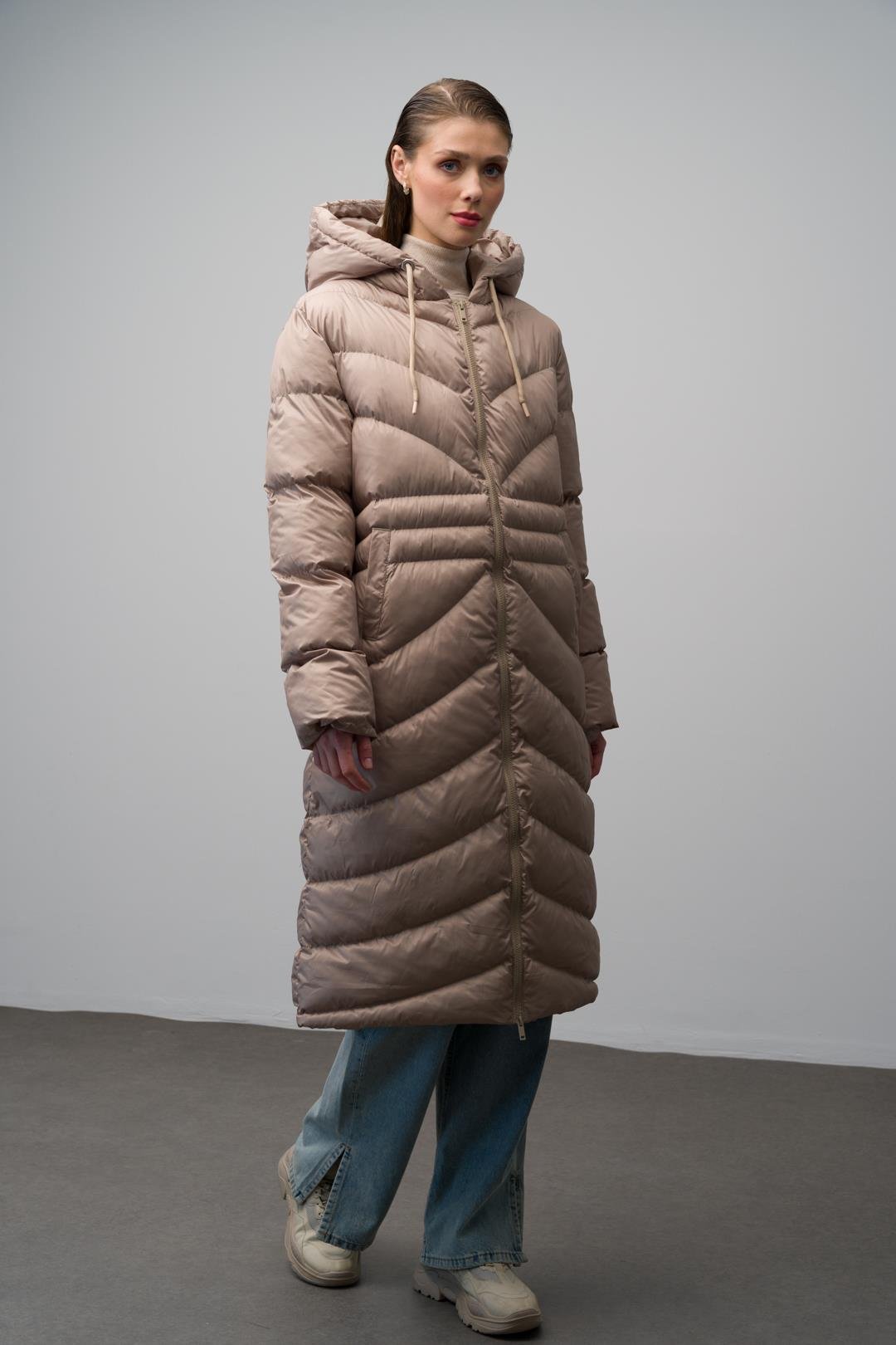 Hooded Pattern Detailed Long Puffer Coat STONE 6669