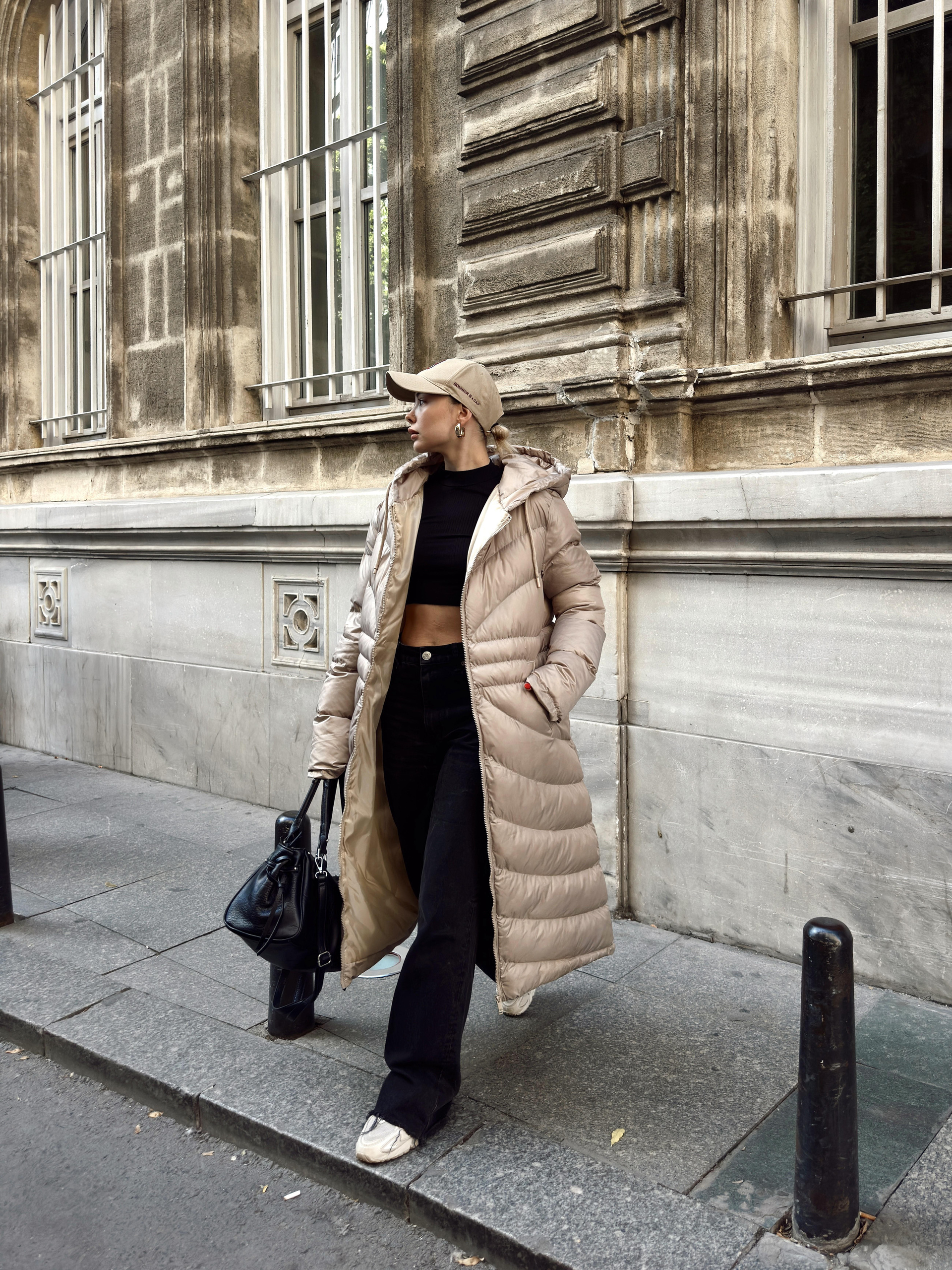 Hooded Pattern Detailed Long Puffer Coat STONE 6669