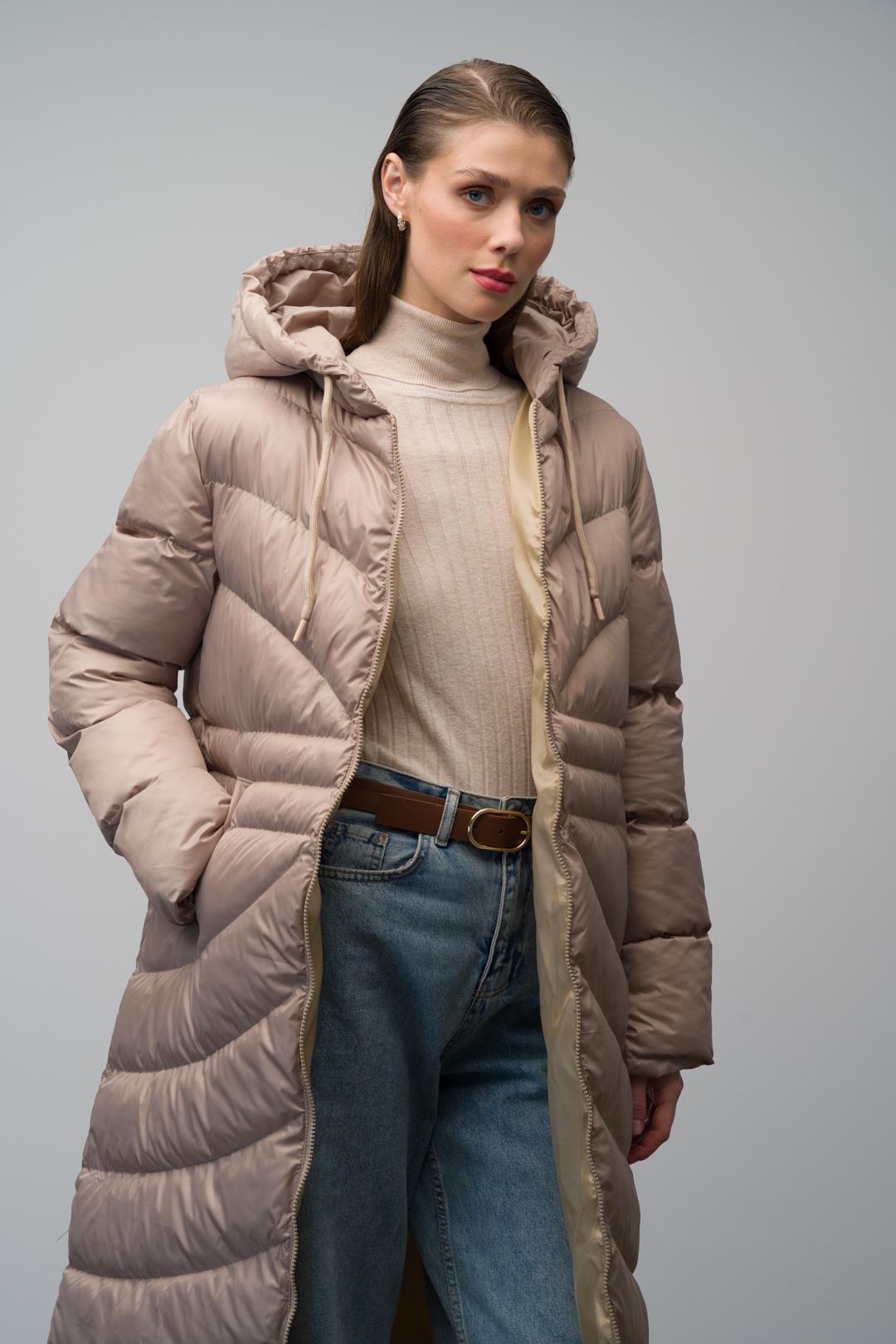 Hooded Pattern Detailed Long Puffer Coat STONE 6669