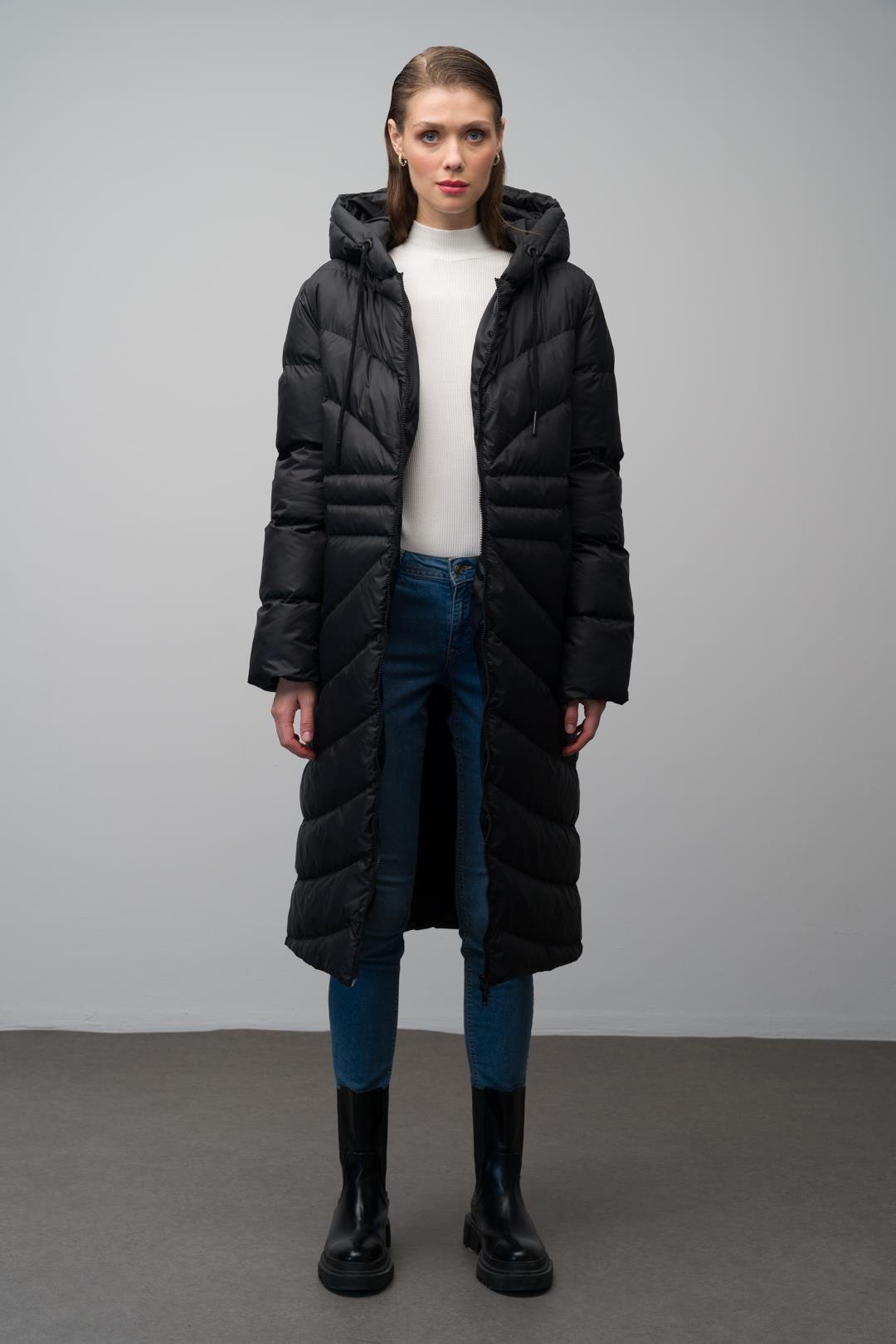 Hooded Pattern Detailed Long Puffer Coat BLACK 6669