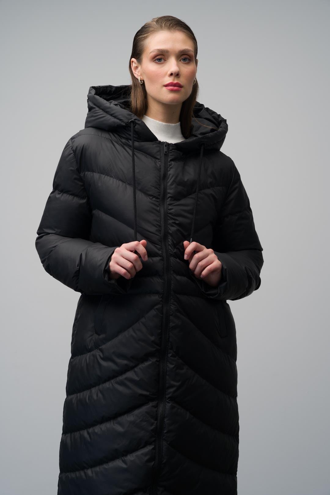 Hooded Pattern Detailed Long Puffer Coat BLACK 6669