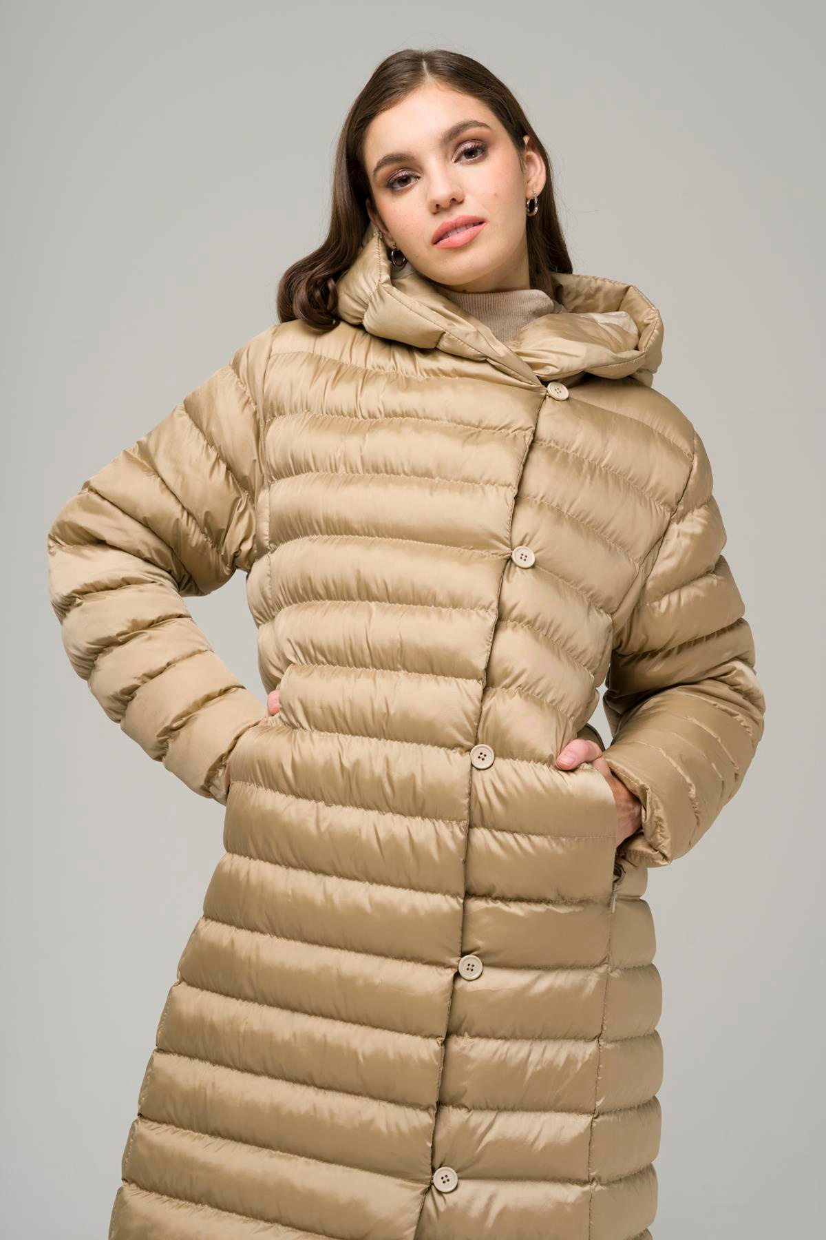 Hooded Button-Up Long Puffer Coat STONE 6494