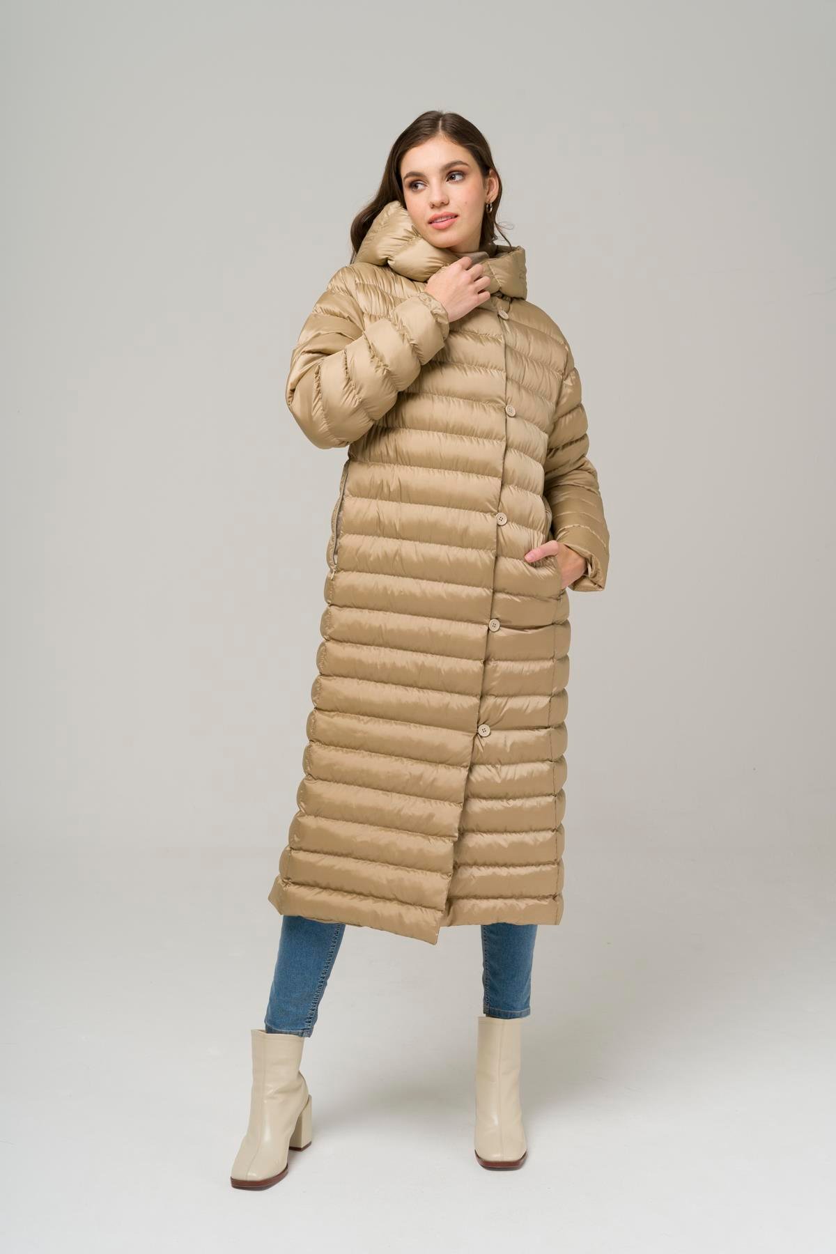 Hooded Button-Up Long Puffer Coat STONE 6494