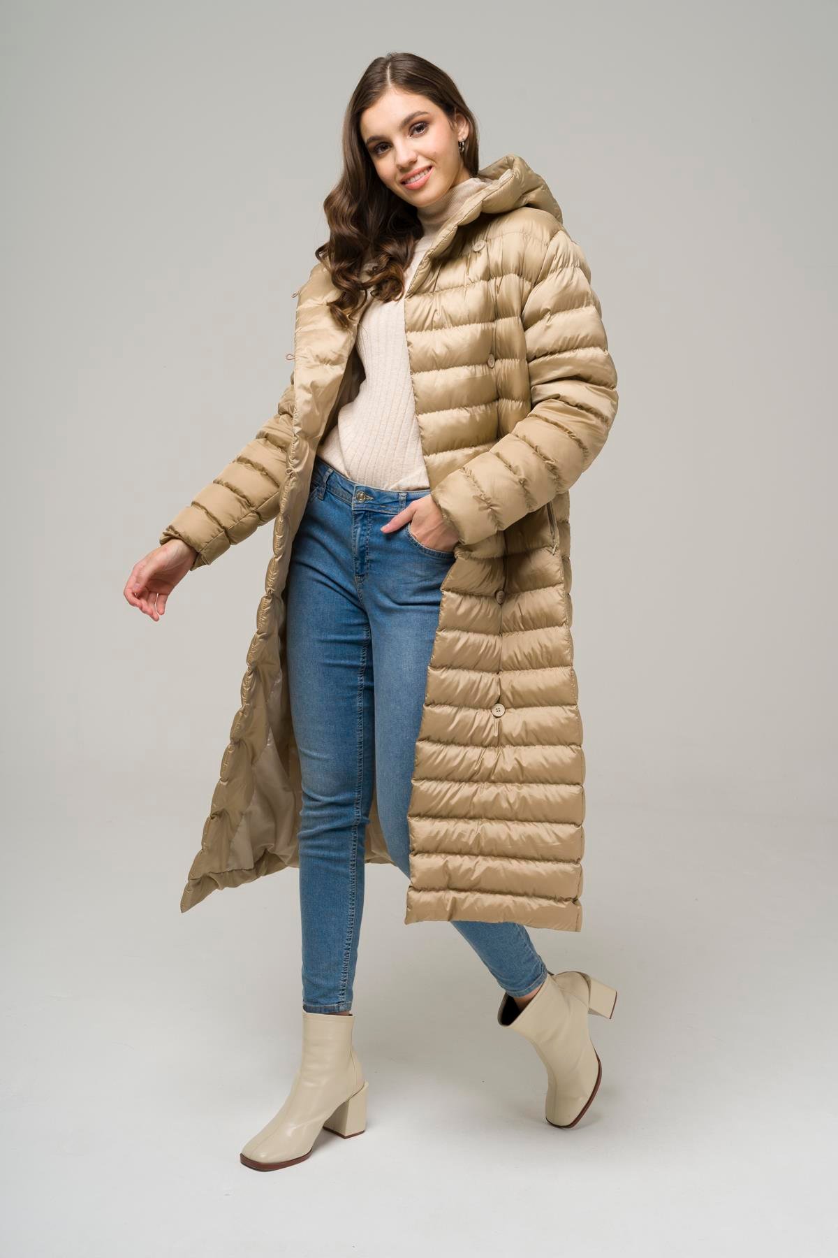 Hooded Button-Up Long Puffer Coat STONE 6494