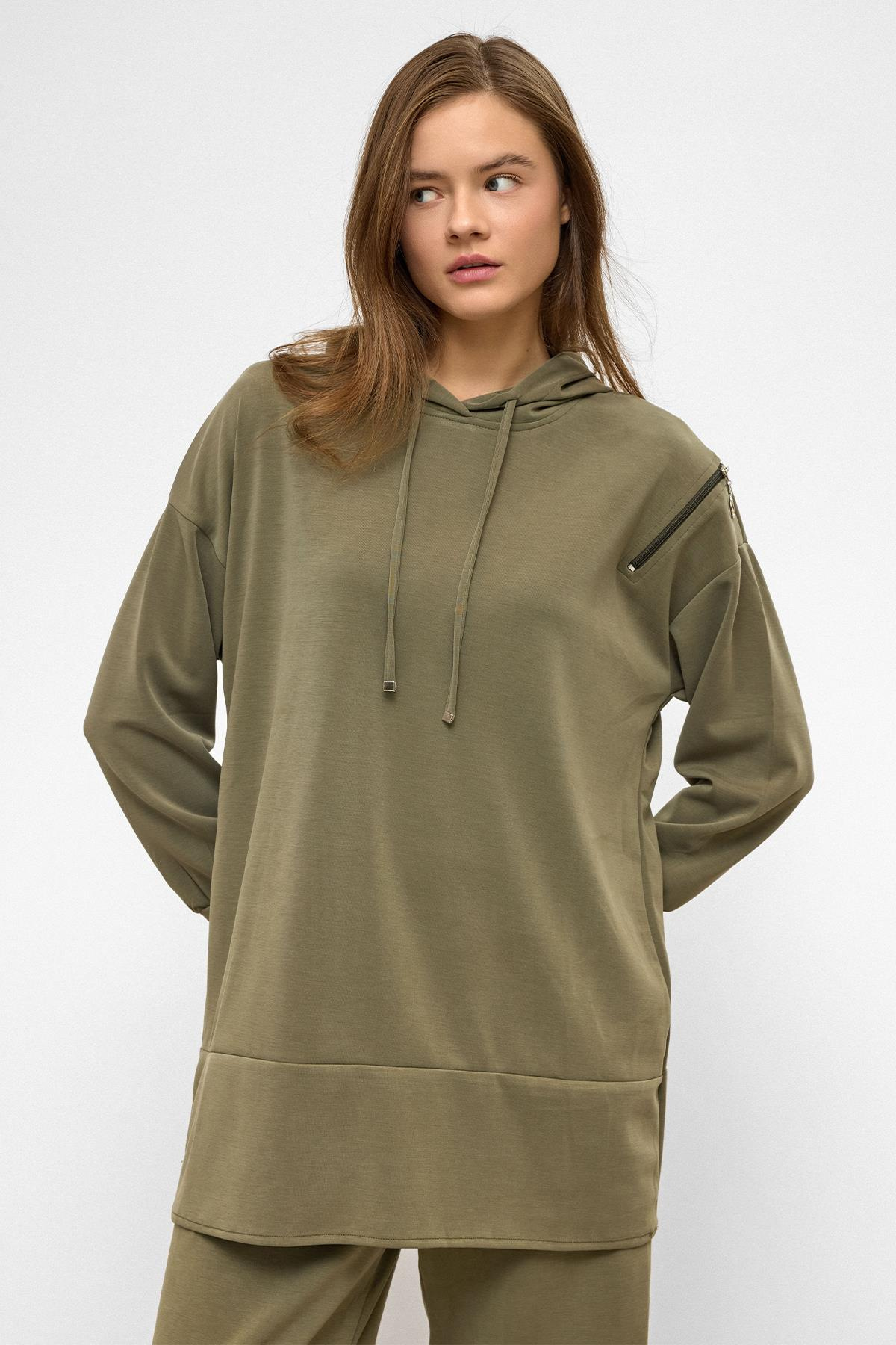 Kapüşonlu Fermuar Aksesuarlı Sweat Pantolon Salaş Modal Takım HAKİ 9382-TK