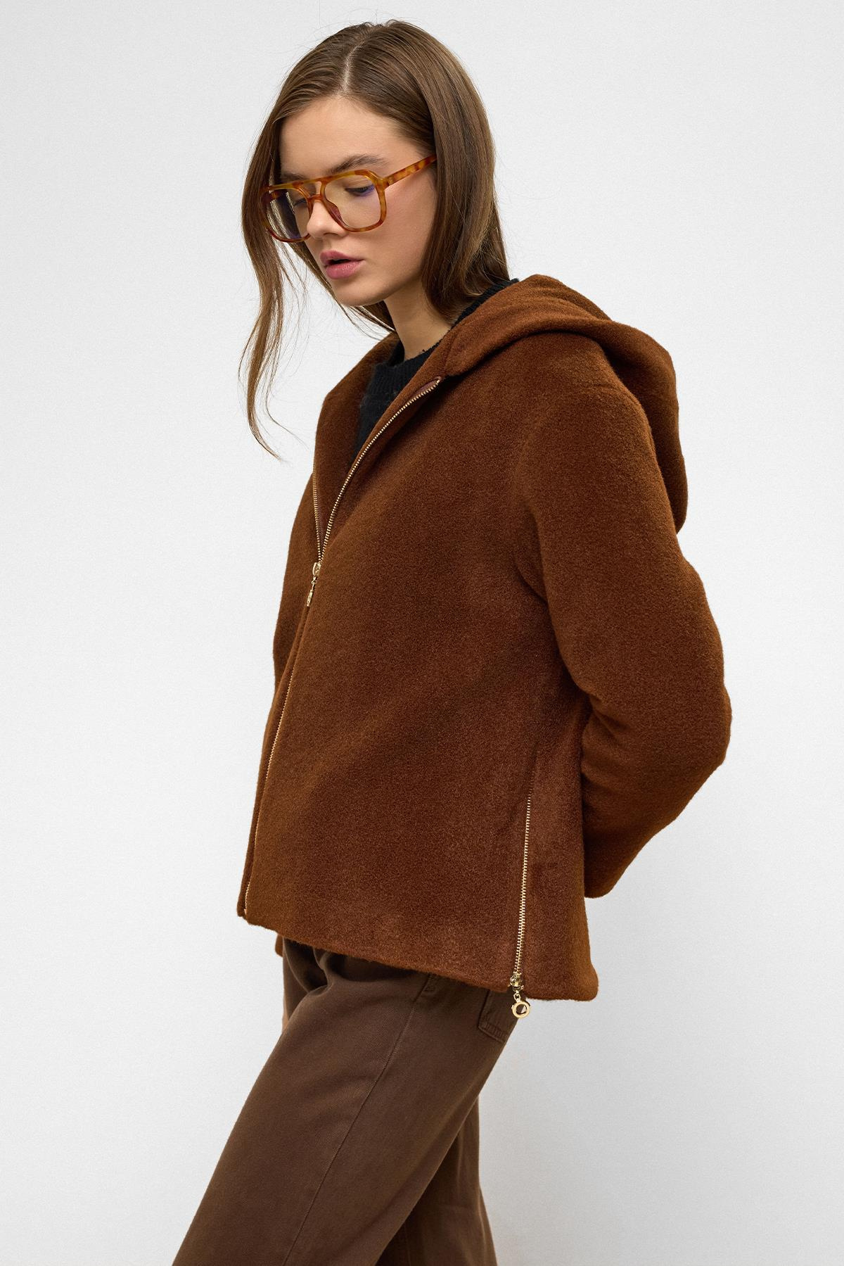 Kapüşonlu Fermuar Detaylı Oversize Kısa Kaban KAHVE 3130