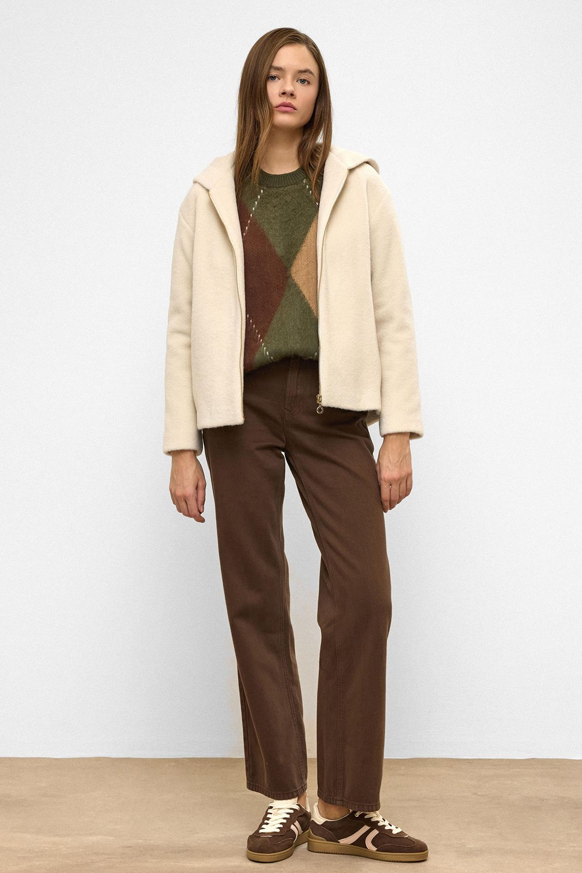 Oversize Short Coat with Hooded Zipper Detail IVORY 3130