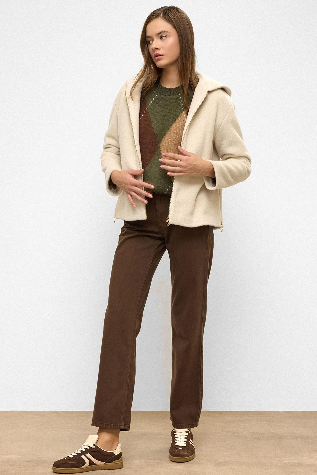 Oversize Short Coat with Hooded Zipper Detail IVORY 3130