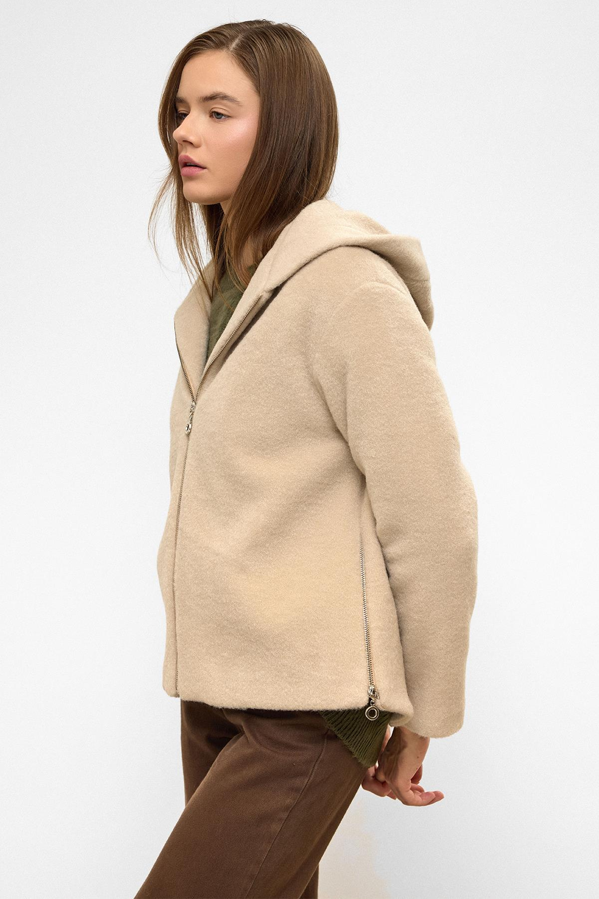 Oversize Short Coat with Hooded Zipper Detail DARK BEIGE 3130