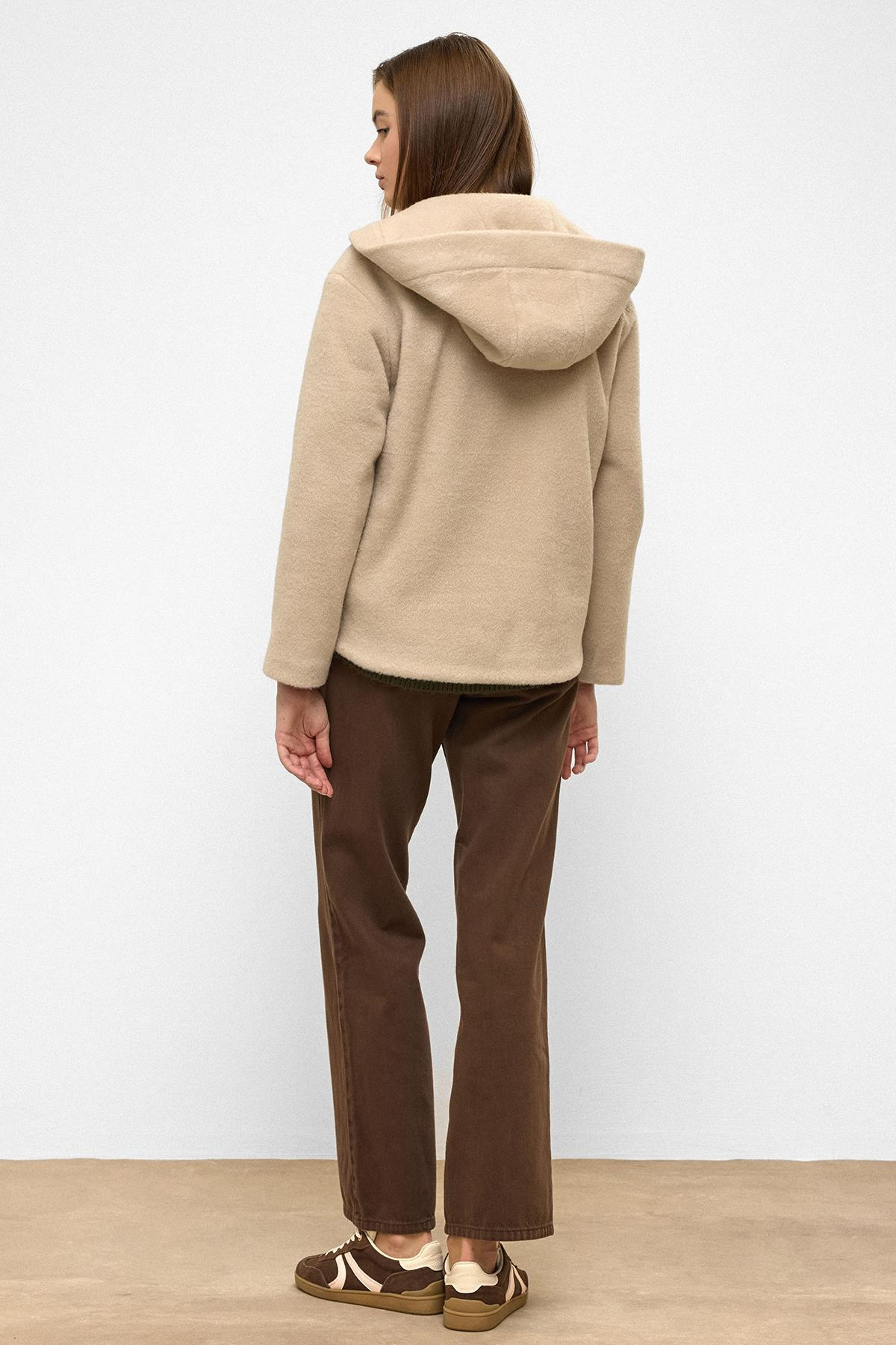 Oversize Short Coat with Hooded Zipper Detail DARK BEIGE 3130