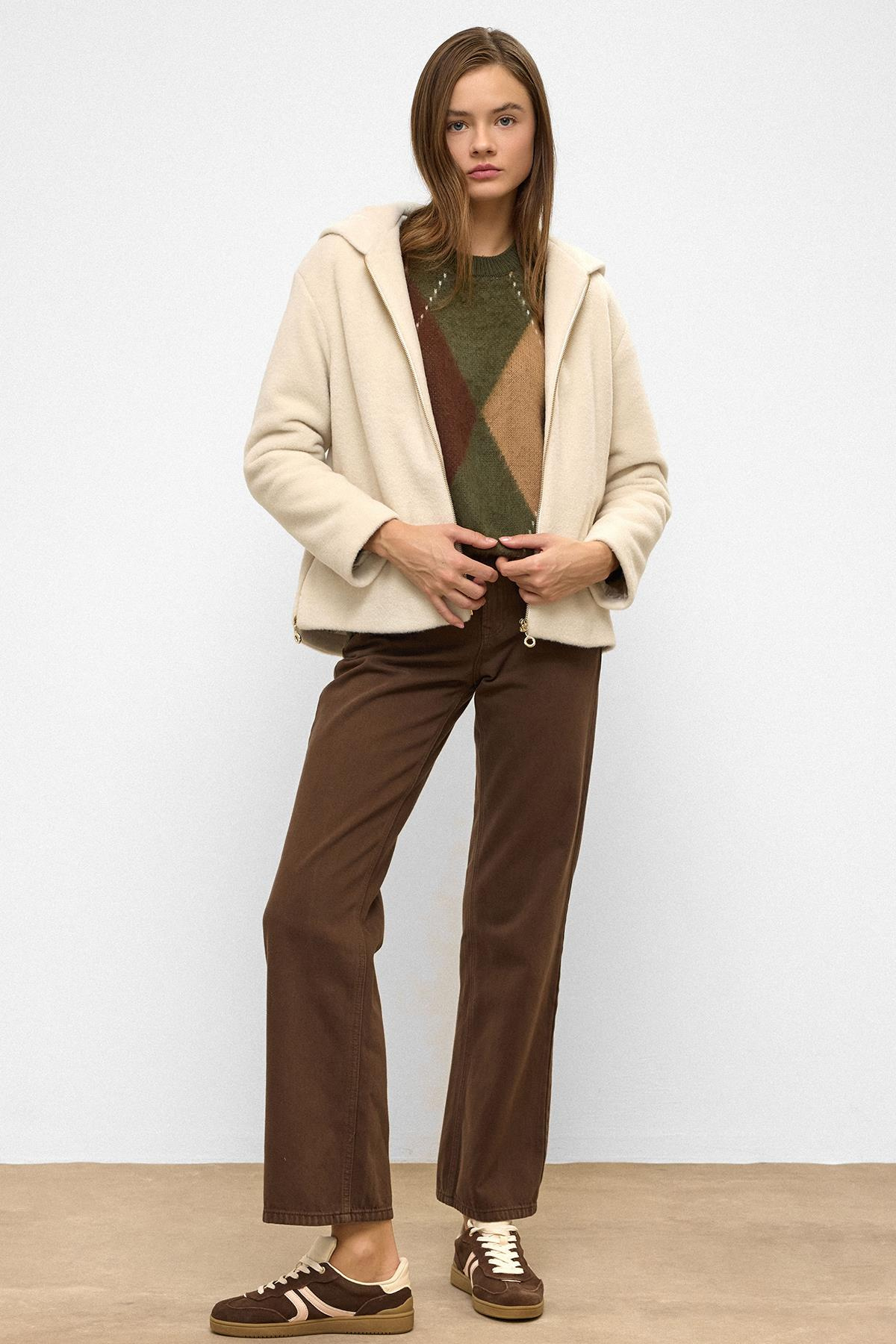 Oversize Short Coat with Hooded Zipper Detail IVORY 3130