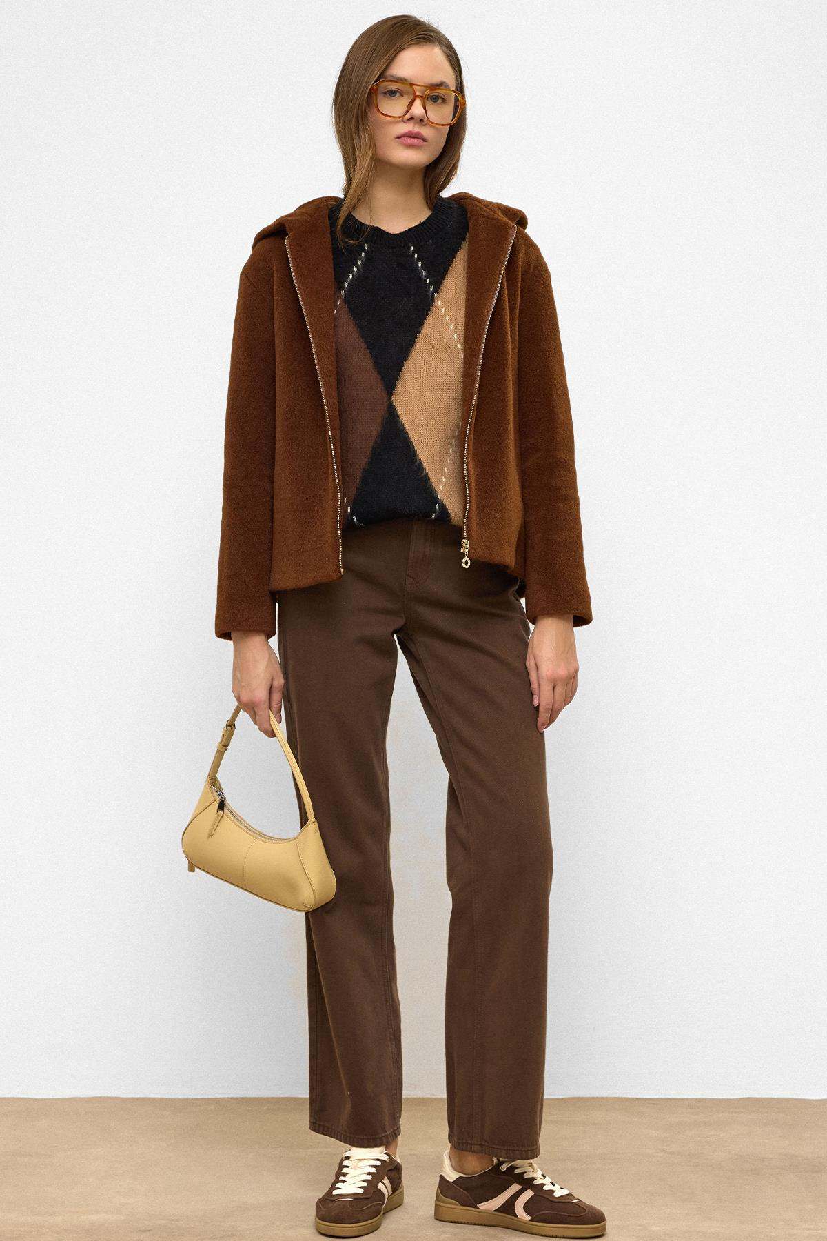 Kapüşonlu Fermuar Detaylı Oversize Kısa Kaban KAHVE 3130