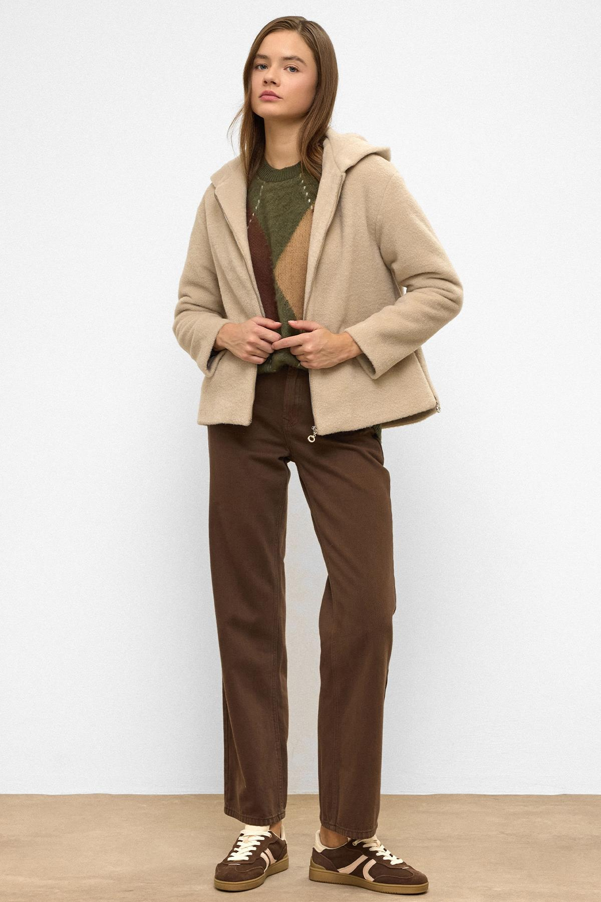 Oversize Short Coat with Hooded Zipper Detail DARK BEIGE 3130